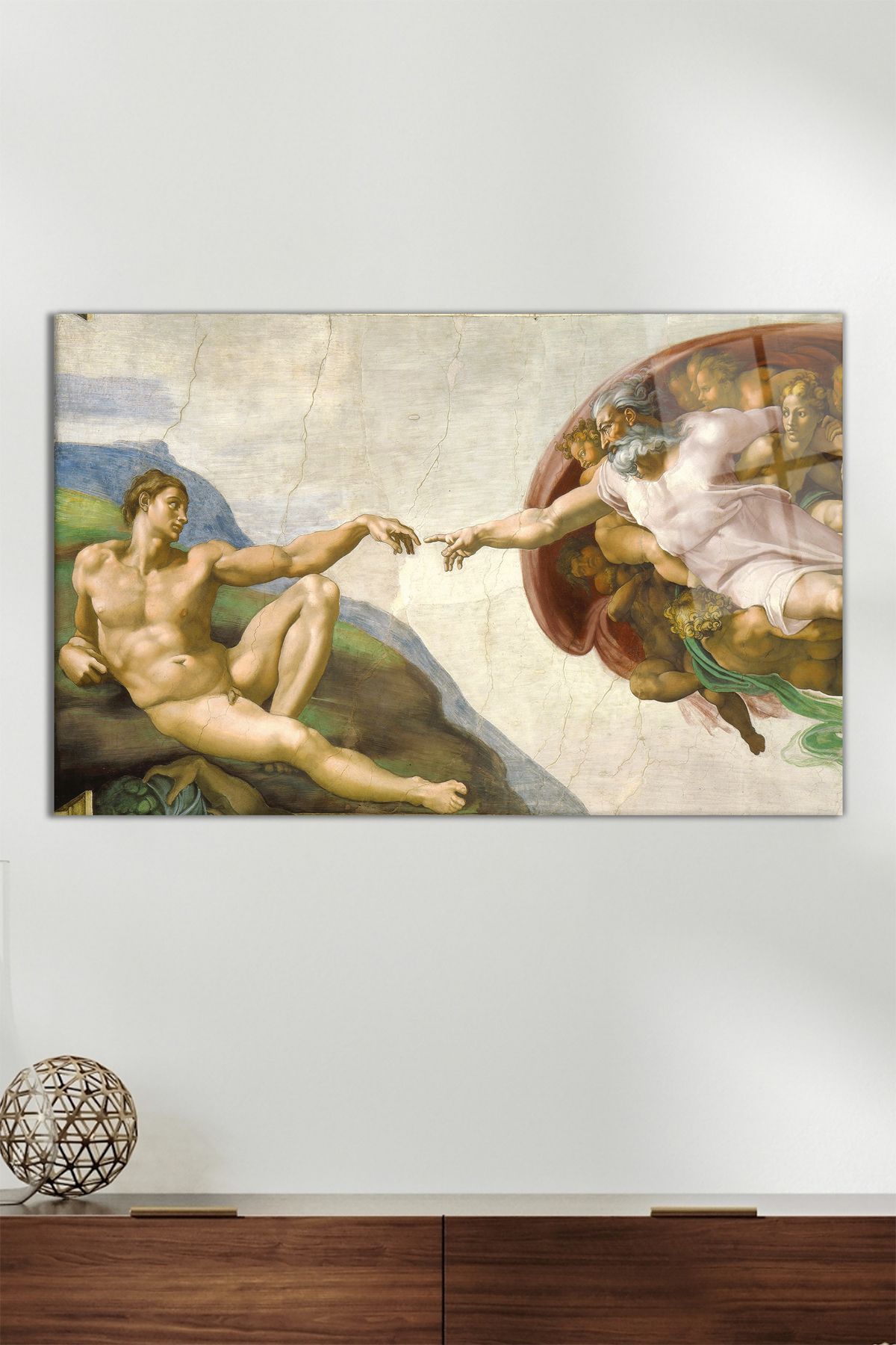 Vosevu Michelangelo Adem'in Yaratılışı Yatay Cam Tablo, Modern Ev Ofis Dekoru, Hediyelik Duvar Dekorasyonu