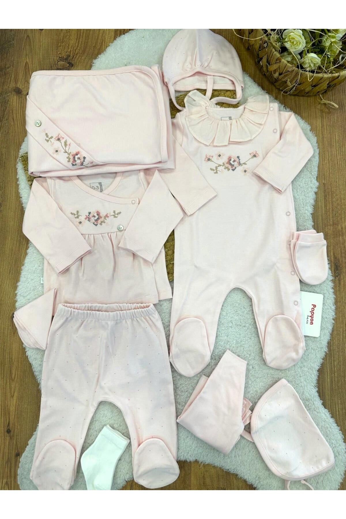 Papyon Baby Kids Kaneviçe Çiçek Nakışlı Tulumlu Yenidoğan Kız Bebek 10lu Zıbın Set Hastane Çıkışı