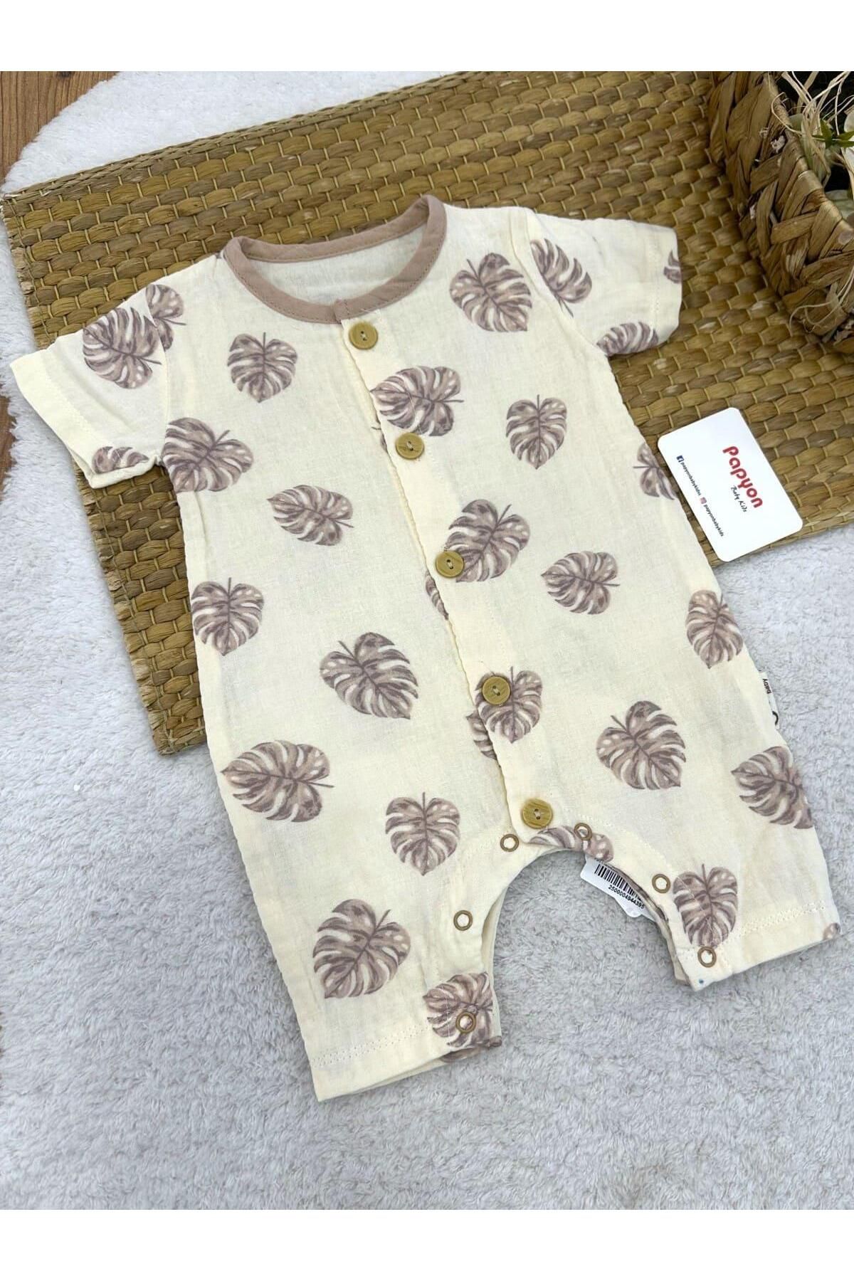 Papyon Baby Kids Yaprak Desenli Erkek Bebek Yazlık Müslin Tulum (3-6/6-9/9-12/12-18 Ay)