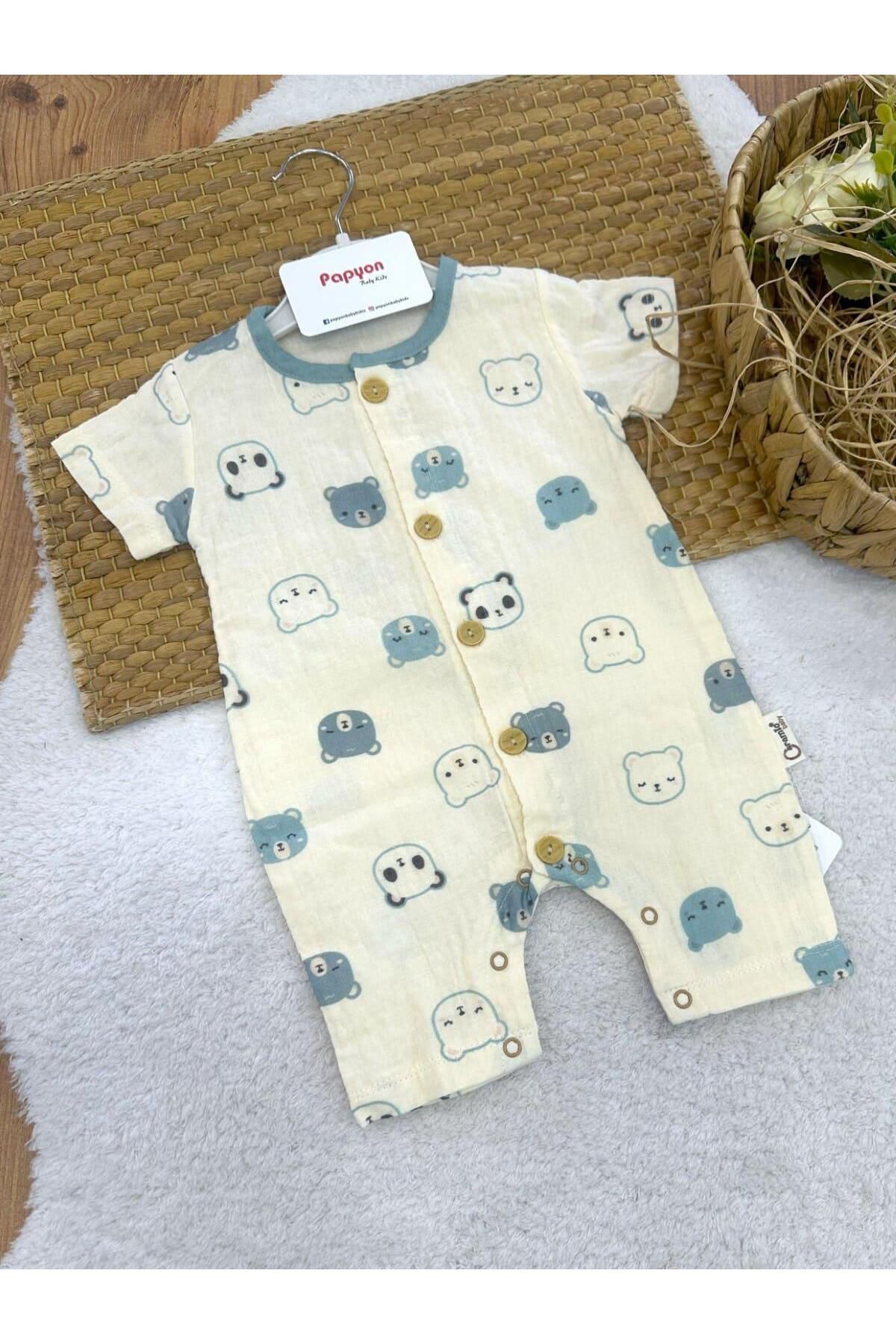 Papyon Baby Kids Ayıcık Desenli Erkek Bebek Yazlık Müslin Tulum (3-6/6-9/9-12/12-18 Ay)