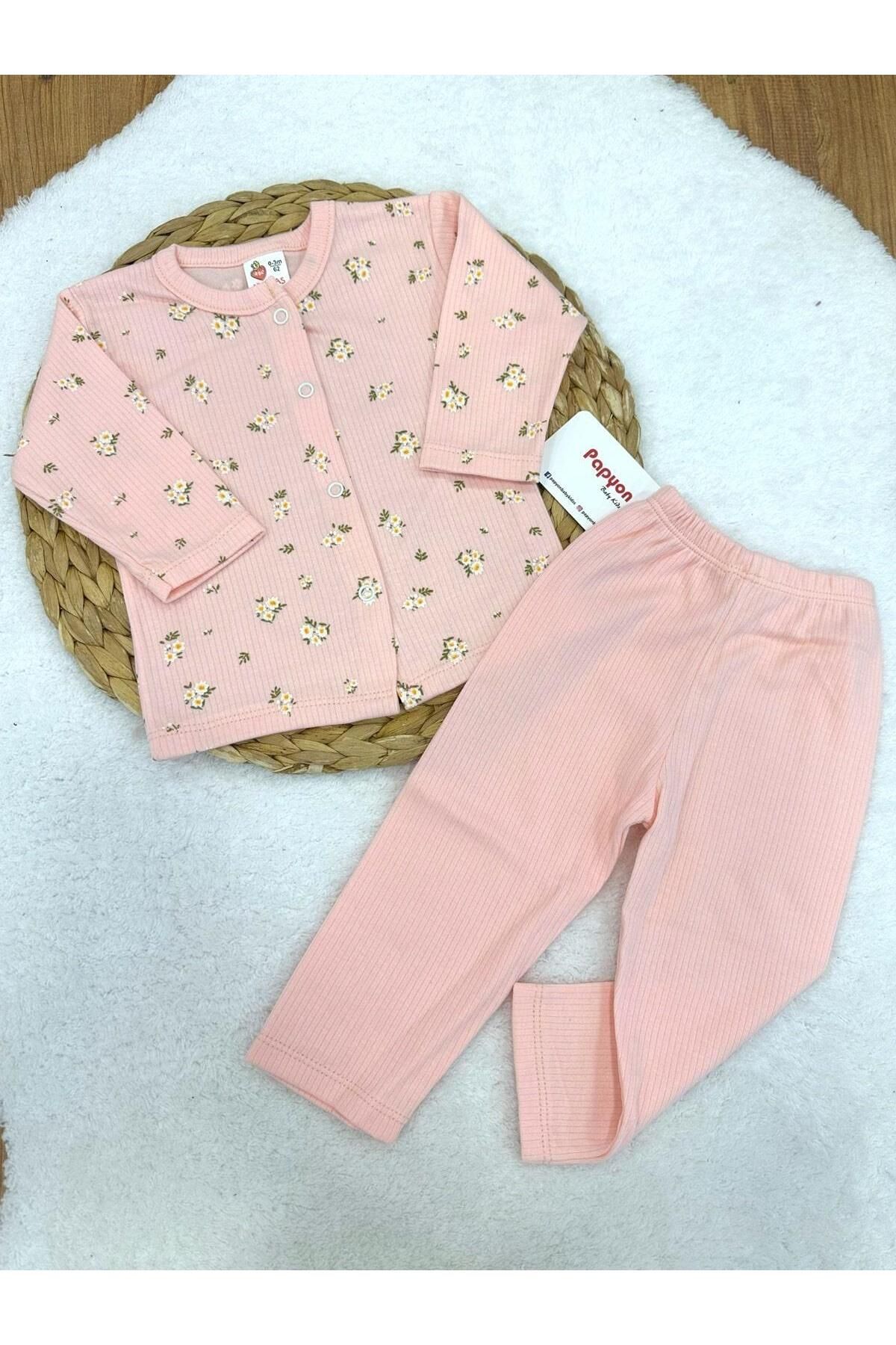 Papyon Baby Kids Çiçek Baskılı Fitilli Önden Çıtçıtlı Kız Bebek Takım (0-3/3-6 Ay)