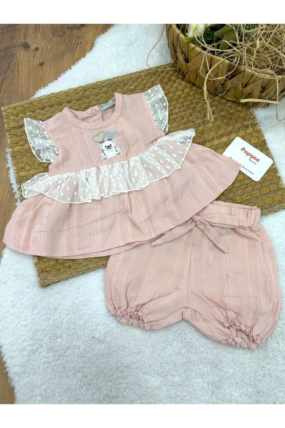 Papyon Baby Kids Kalpli Ayı Nakışlı Tüllü Kız Bebek Şortlu Takım (3-6/6-9/9-12/12-18 Ay)