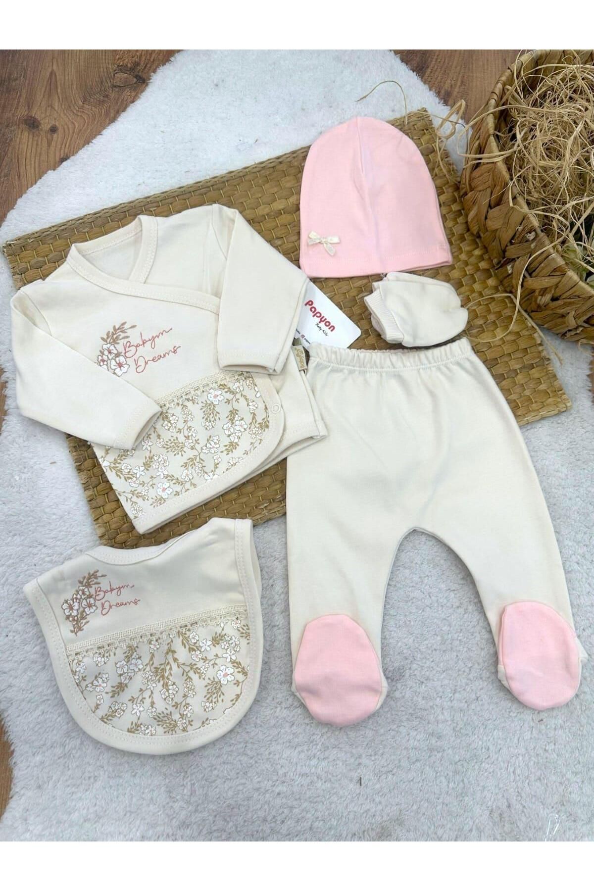 Papyon Baby Kids Çiçek Nakışlı Baskılı Dantelli Yenidoğan Kız Bebek 5li Zıbın Set