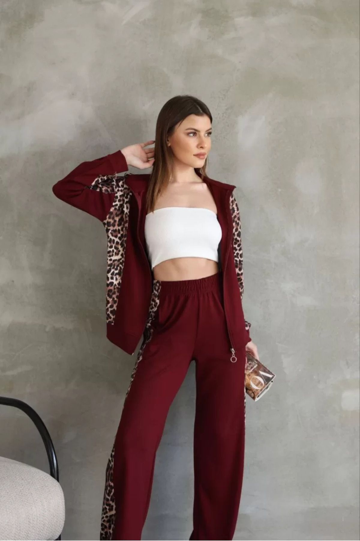 BBbutik Osy Modal Yumuşak Dokulu Kumaş Kapüşonlu Leopar Desenli Fermuarlı Takım