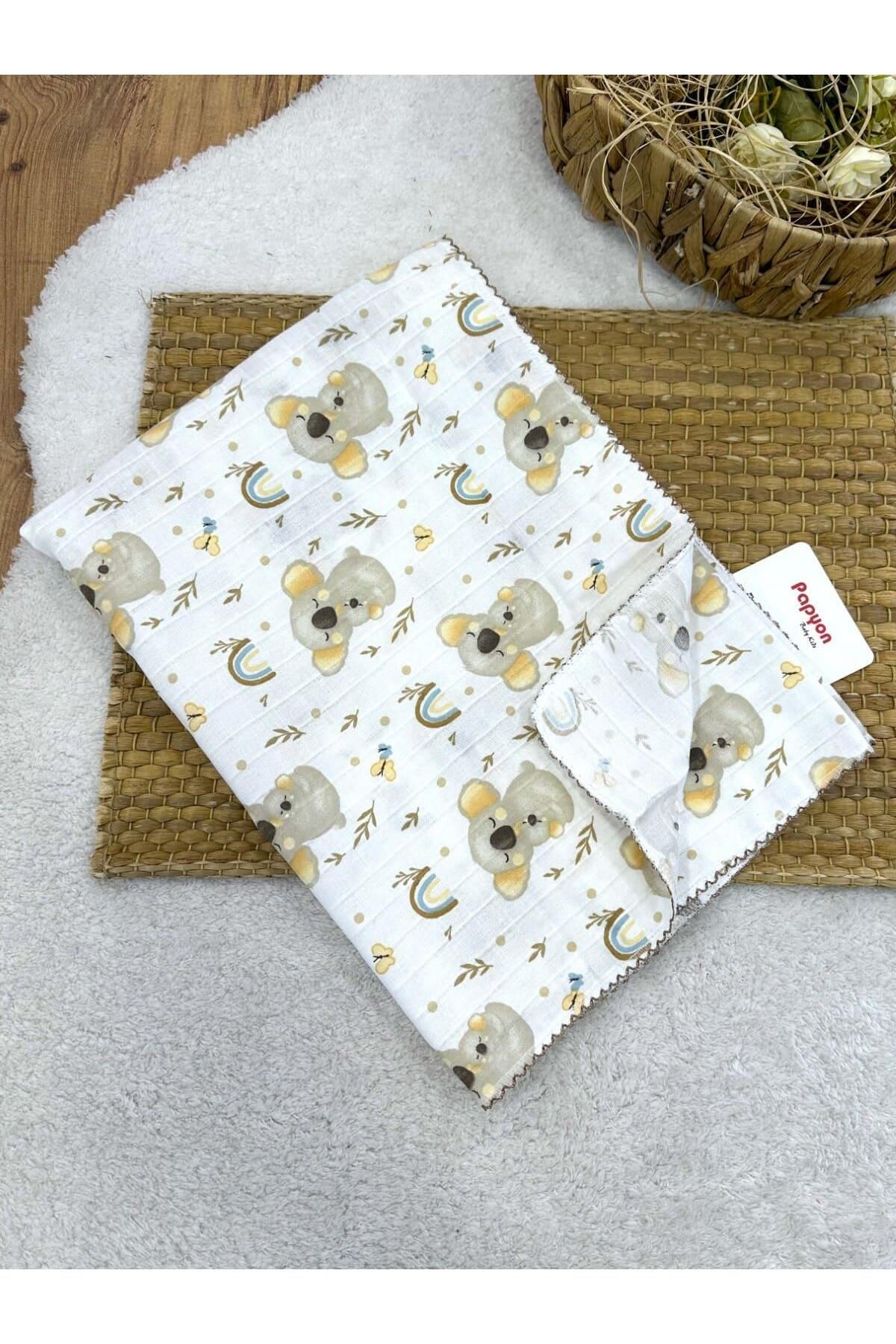 Papyon Baby Kids Koala Desenli Kenarları Oyalı Müslin Bebek Battaniyesi 75X90 Cm