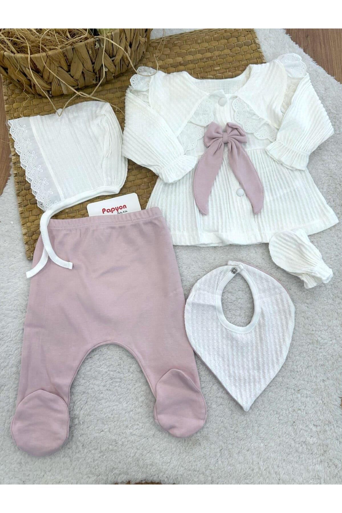 Papyon Baby Kids Mary Güpürlü Yakalı Fiyonklu Önden Düğmeli Yenidoğan Kız Bebek 5li Zıbın Set