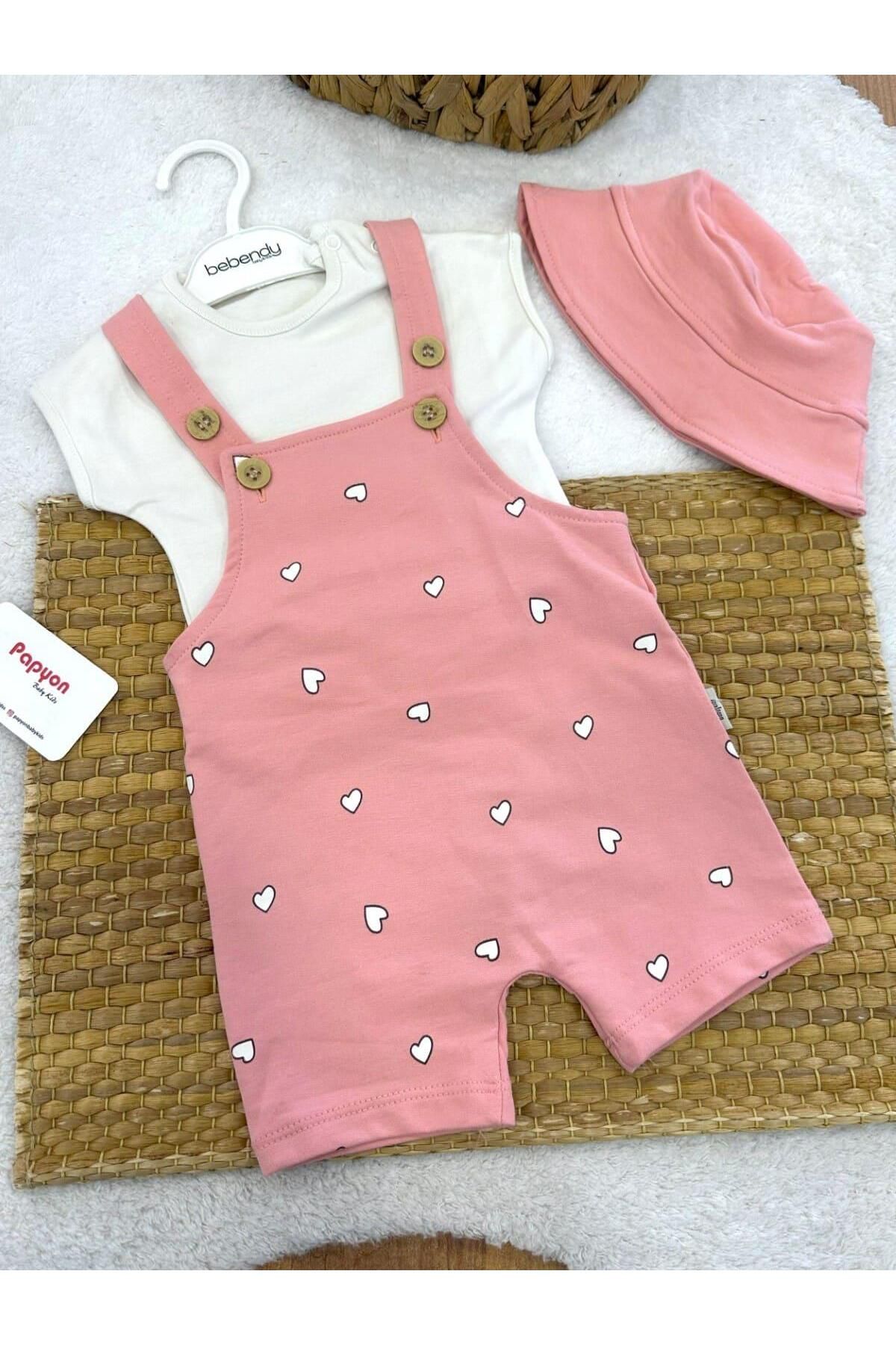 Papyon Baby Kids Kalp Baskılı Şort Salopet Şapka Badi Kız Bebek 3lü Takım (3-6/6-9/9-12/12-18 Ay)