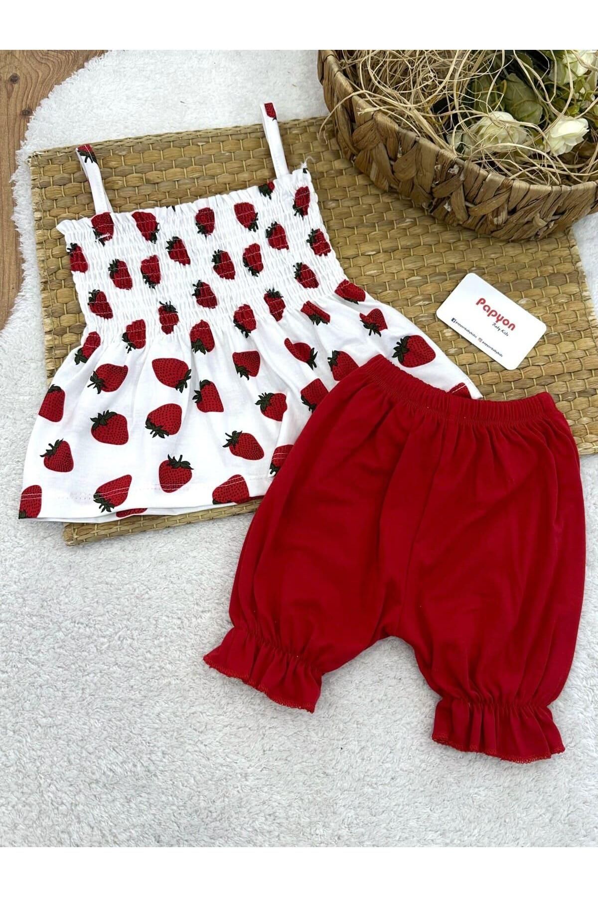 Papyon Baby Kids Çilek Desenli İp Askılı Bluz Şort Kız Bebek 2li Takım (6-9/9-12/12-18/18-24 Ay)
