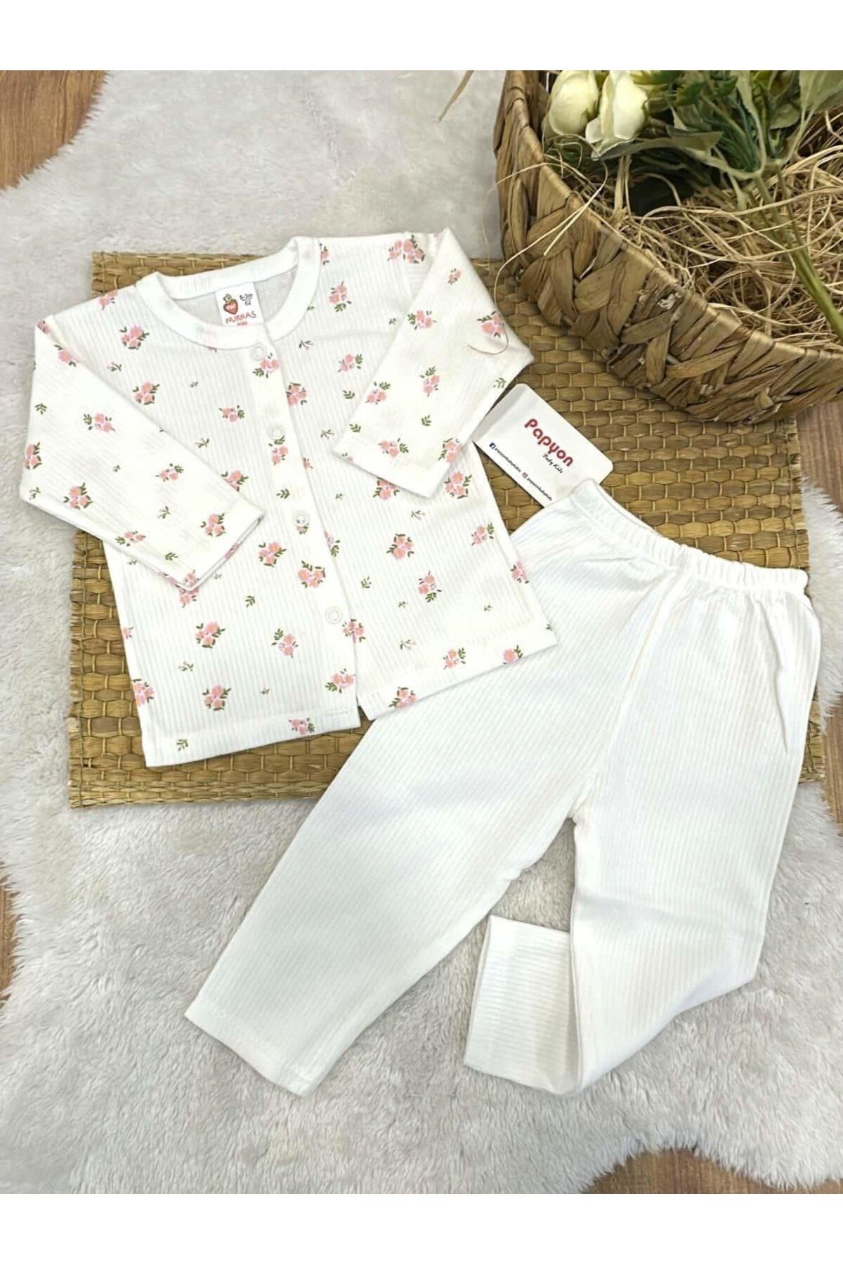 Papyon Baby Kids Çiçek Baskılı Fitilli Önden Çıtçıtlı Kız Bebek Takım (0-3/3-6 Ay)