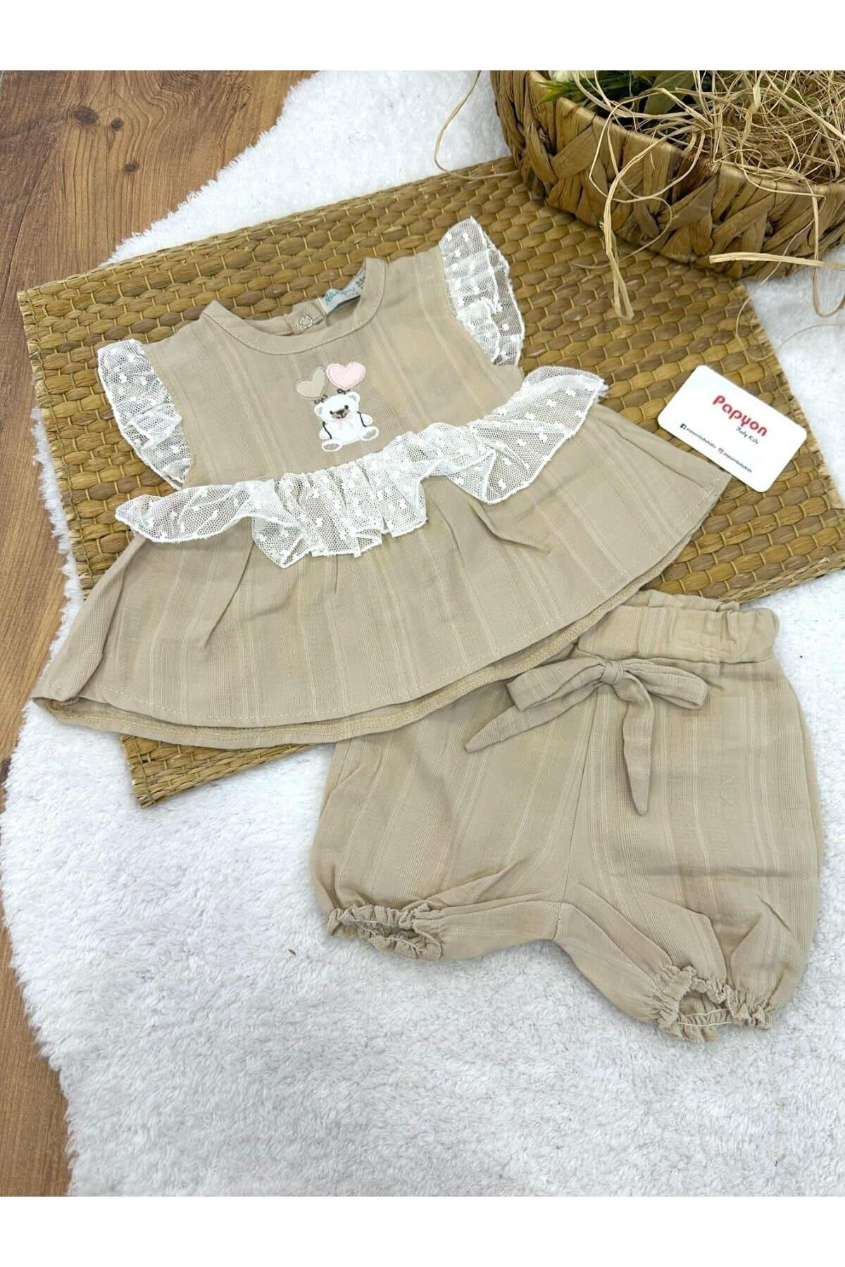 Papyon Baby Kids Kalpli Ayı Nakışlı Tüllü Kız Bebek Şortlu Takım (3-6/6-9/9-12/12-18 Ay)