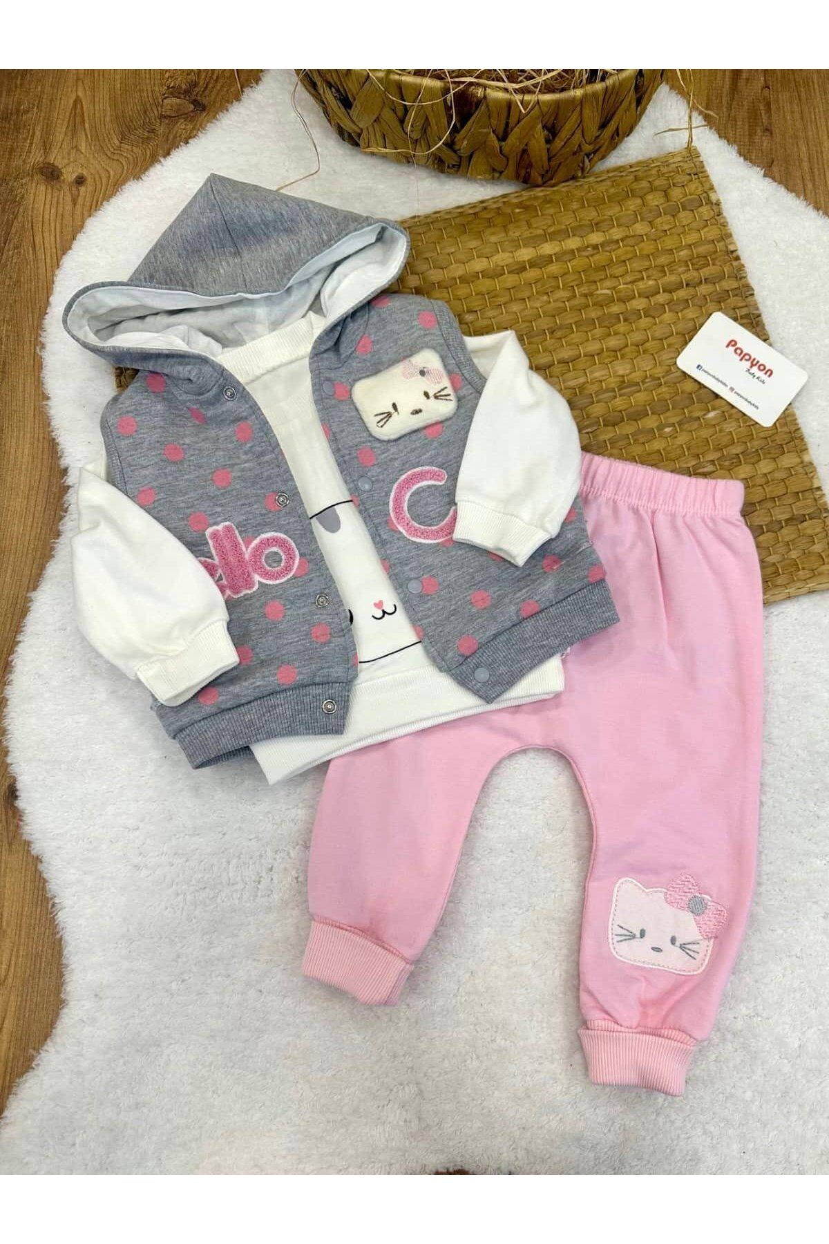 Papyon Baby Kids Süzene Hello Cat Nakışlı Yelekli Kız Bebek 3lü Takım (6-9/9-12/12-18 Ay)
