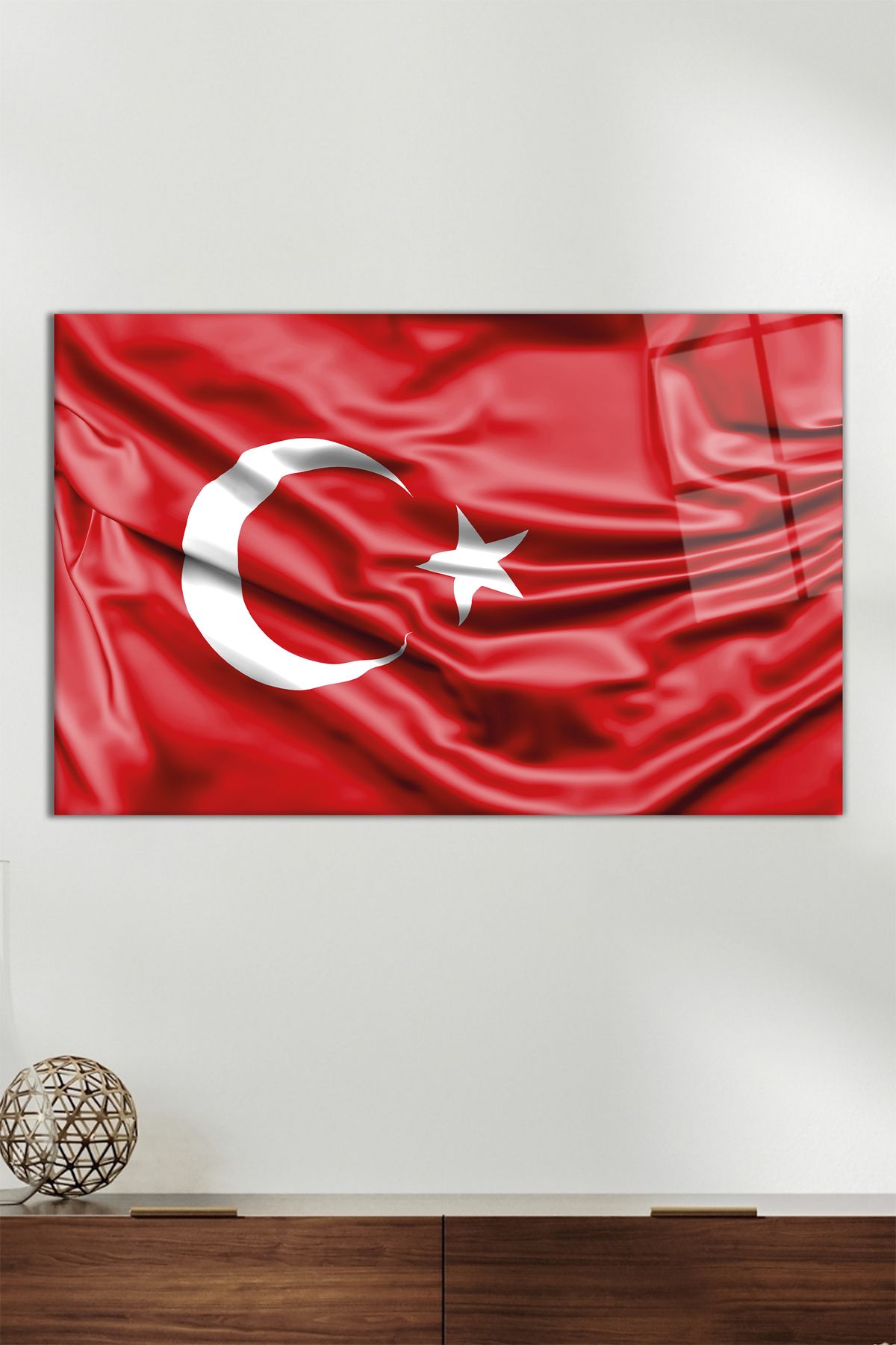 Vosevu Dalgalı Türk Bayrağı Yatay Cam Tablo, Modern Ev Ofis Dekoru Hediyelik Duvar Dekorasyonu Kırılmaz Cam