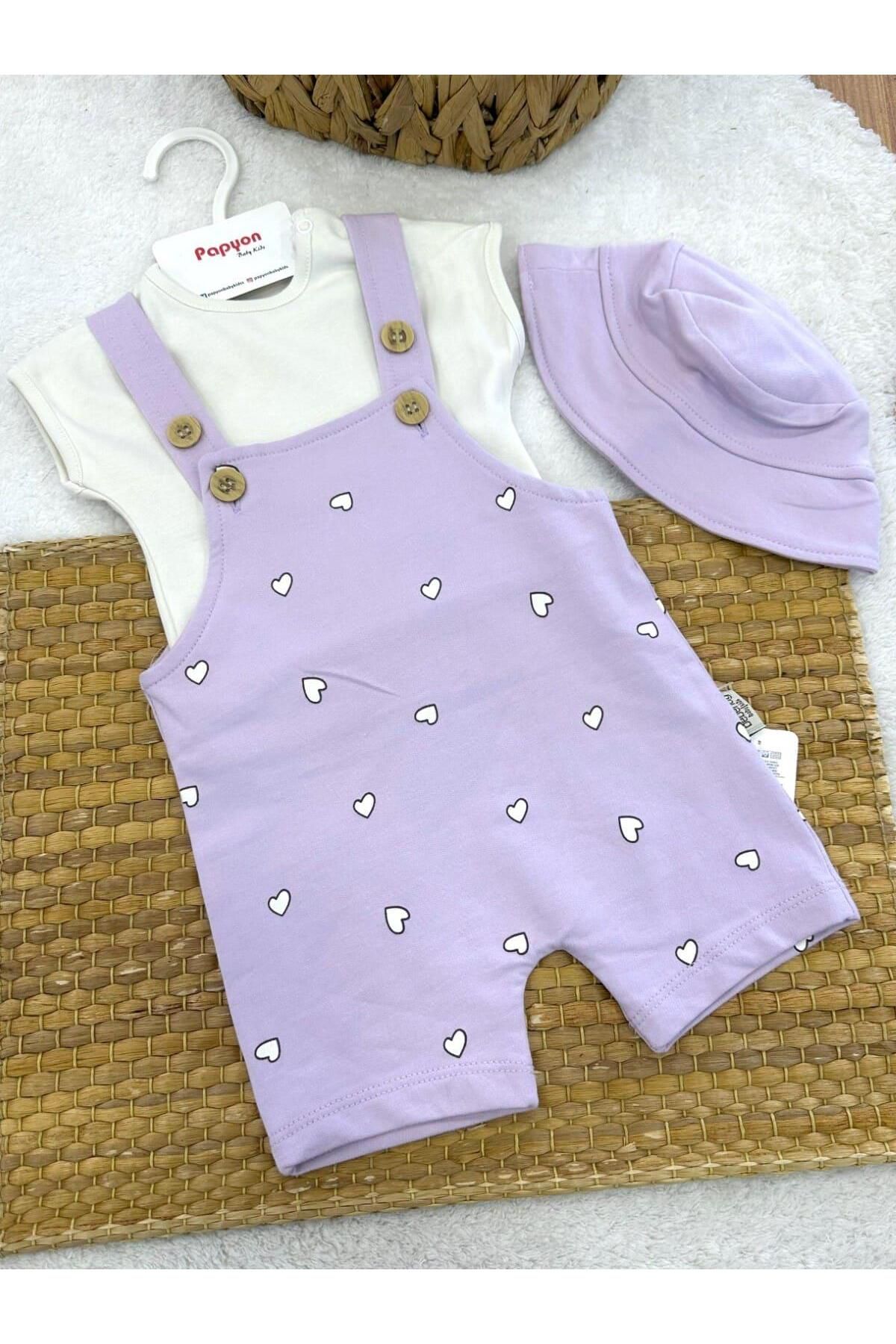 Papyon Baby Kids Kalp Baskılı Şort Salopet Şapka Badi Kız Bebek 3lü Takım (3-6/6-9/9-12/12-18 Ay)