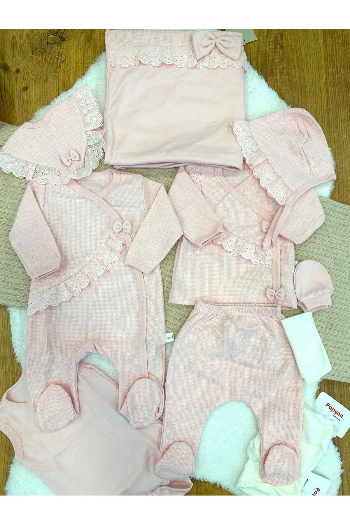 Papyon Baby Kids Pretty Güpürlü Fiyonklu Yenidoğan Kız Bebek 10lu Hastane Çıkış Seti