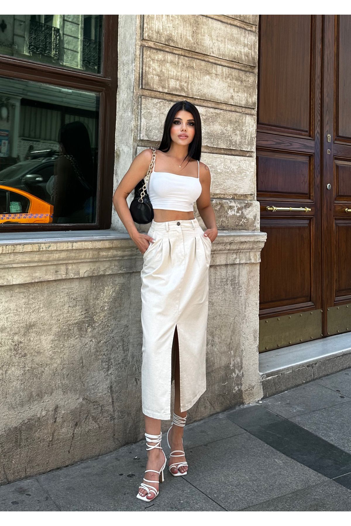GLAMMOSS L'Atelier Önü Yırtmaçlı Midi Boy Keten Etek GLM-489