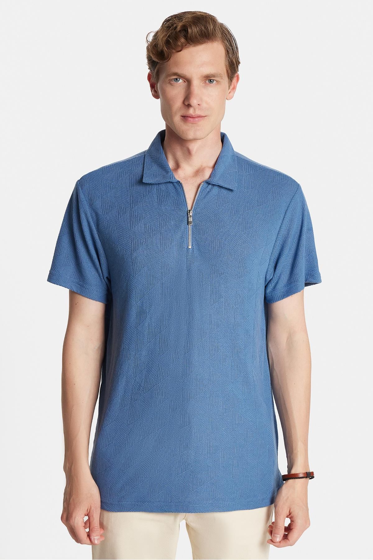 Tudors Erkek Slim Fit Dar Kesim Viskon Fermuarlı Polo Yaka Mavi Tişört