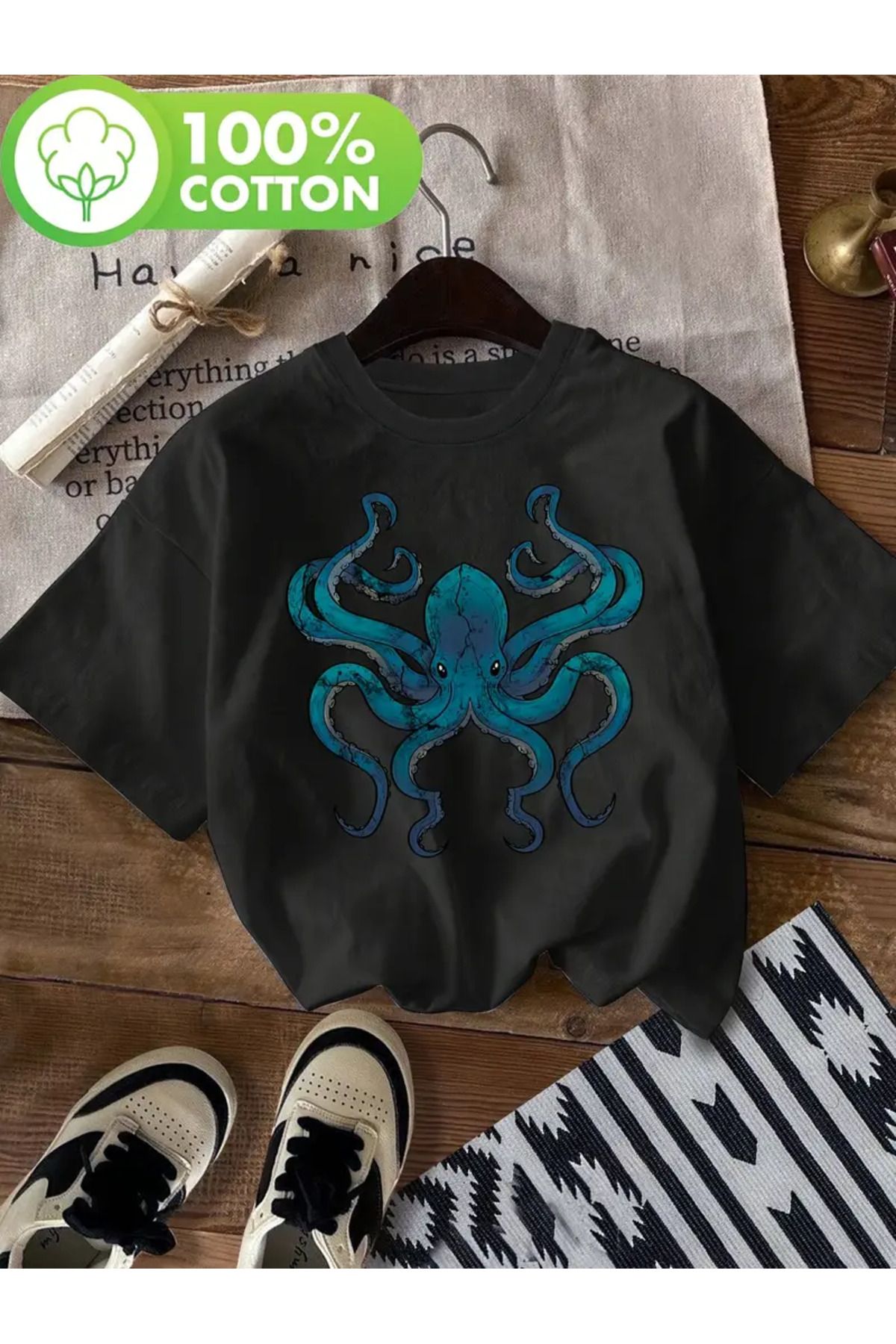 LUNAVISTA Octopus Baskılı Bisiklet Yaka Kısa Kol T-shirt