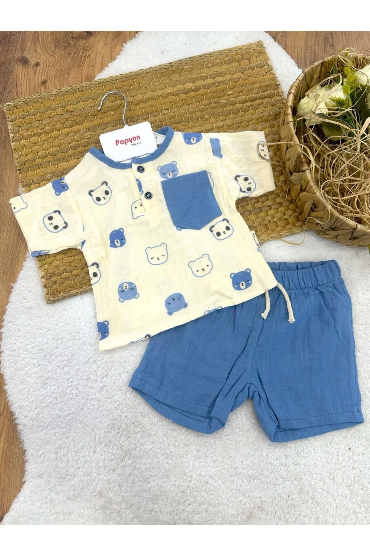 Papyon Baby Kids Ayıcık Desenli Cepli Tişört Şort Erkek Bebek Müslin Takım (6-9/9-12/12-18/18-24 Ay)