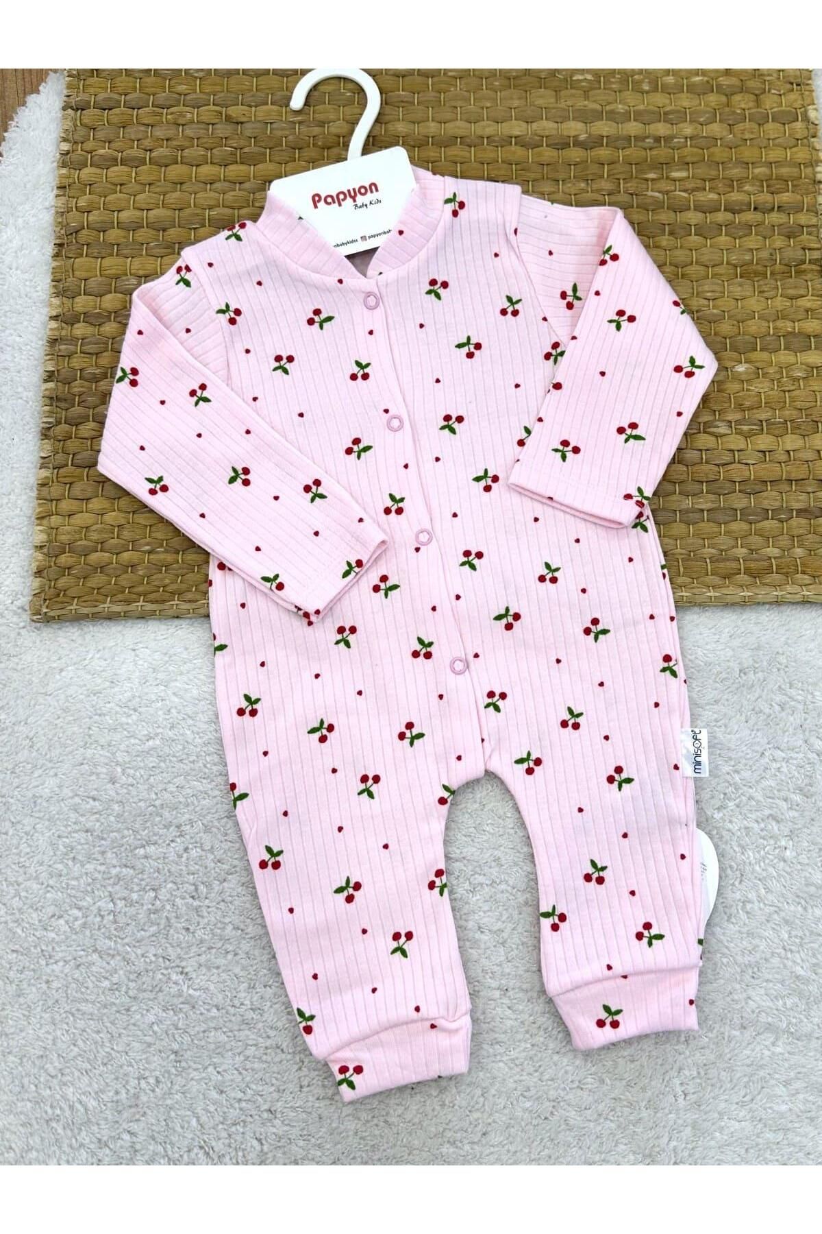 Papyon Baby Kids Pembe Minik Kiraz Desenli Fitilli Kız Bebek Patikli Tulum (0-3/3-6/6-9 Ay)
