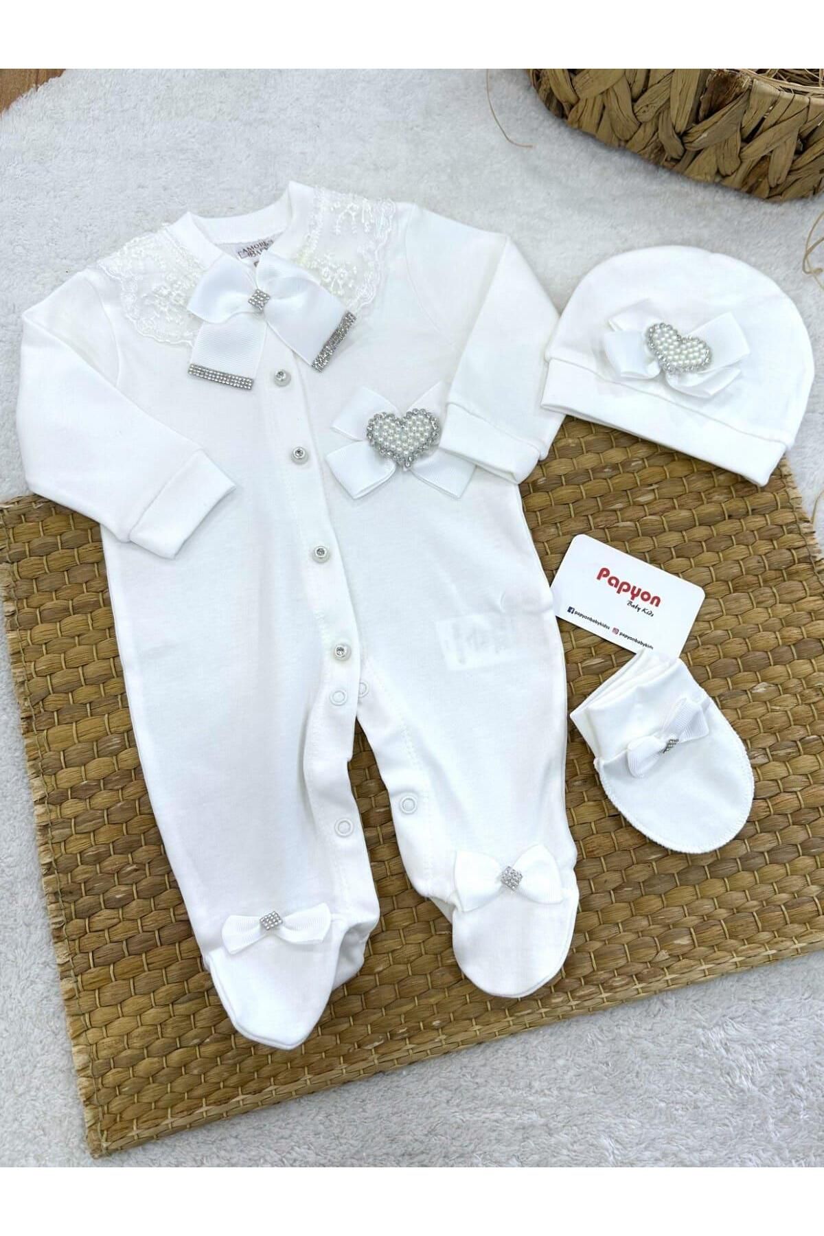 Papyon Baby Kids Fiyonklu Dantelli Kalp Taş Baskılı Kız Bebek Tulum Set (0-3/3-6/6-9 Ay)