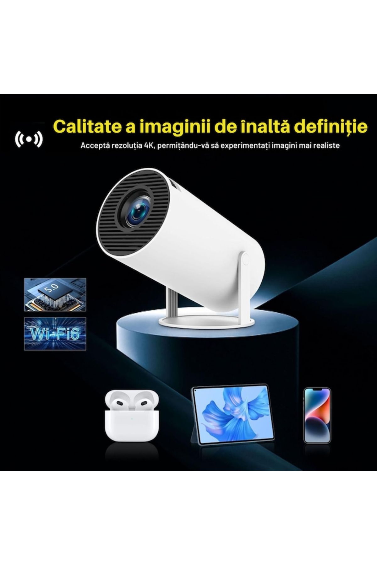 varioshop-Videoproiector Portabil Smart 4K VarioShop®, 1200 lumeni, Wi-Fi 2.4/5G/BT4.1, Bluetooth 5.0, Sistem 3