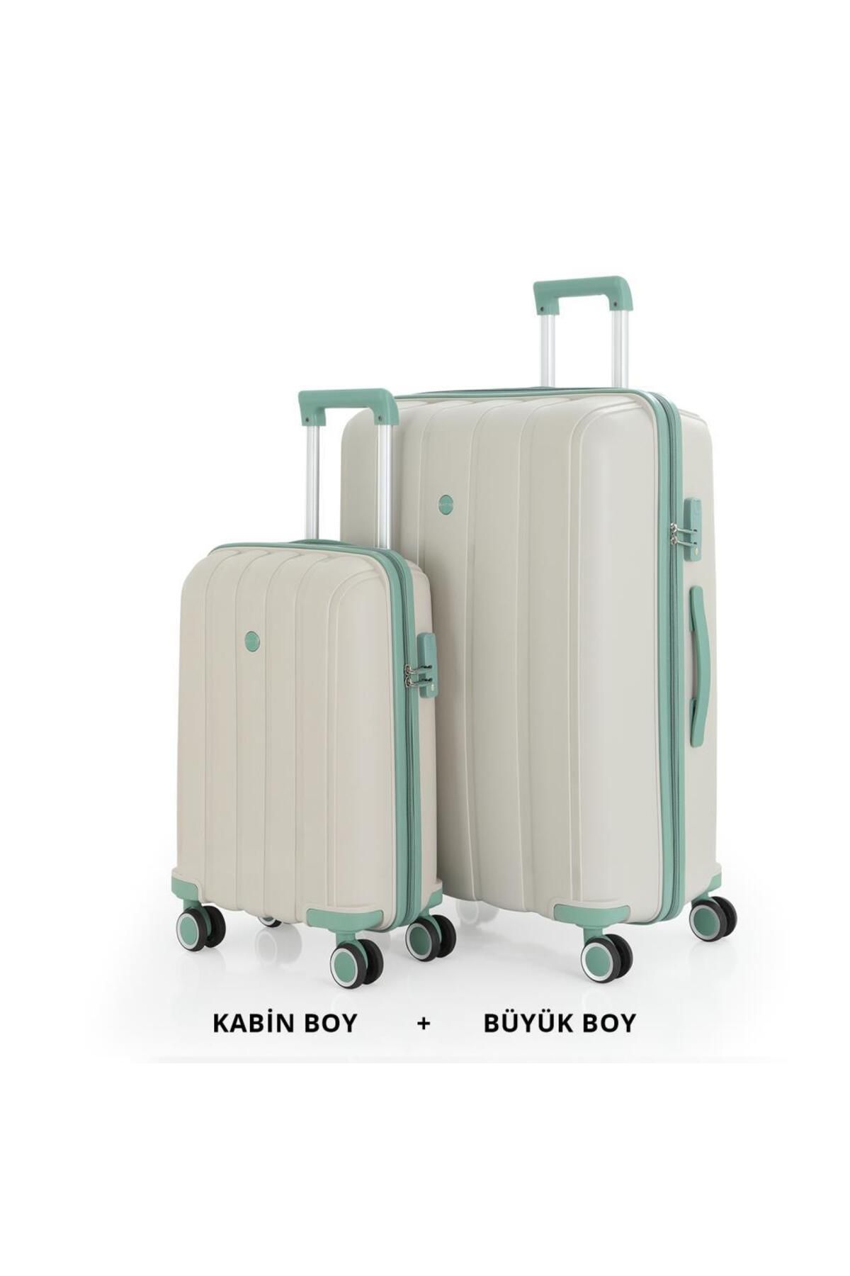 MÇS Bavul Büyük ve Kabin 2li Set Kırılmaz Silikon Valiz V305 Kemik/SuYeşili