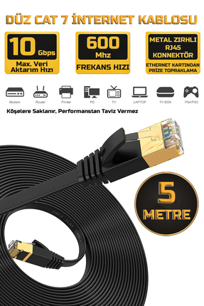 Gold Step 5 Metre Yassı Cat 7 Ethernet Kablosu 10 Gigabit/S 600 Mhz Premium M...