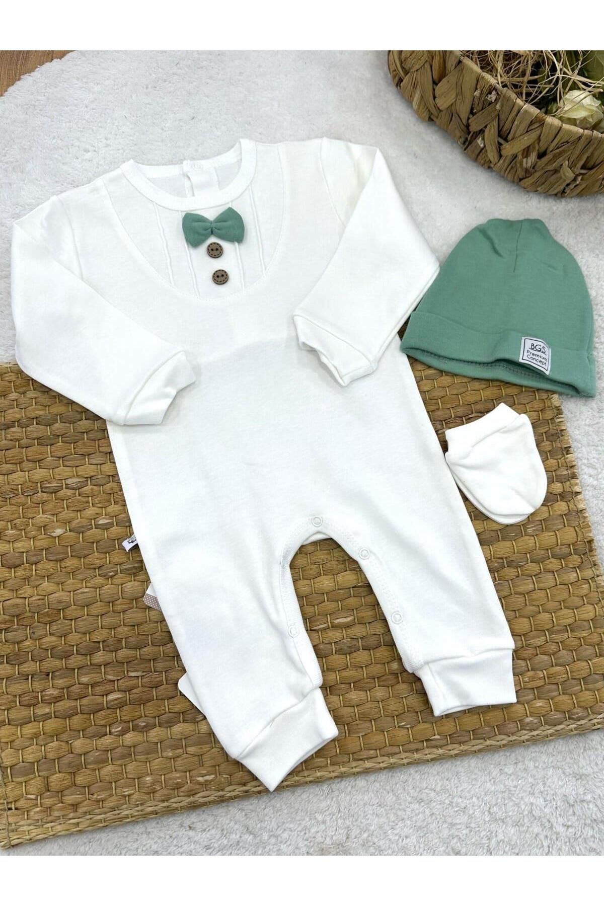 Papyon Baby Kids Nervürlü Papyonlu Bereli Eldivenli Erkek Bebek 3lü Tulum Set (0-3/3-6/6-9 Ay)