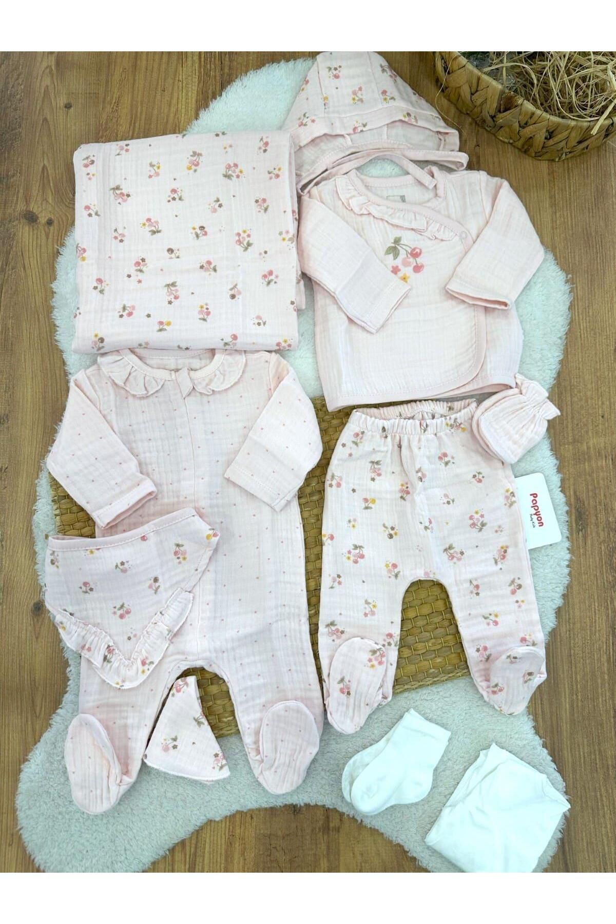 Papyon Baby Kids Kiraz Çiçek Desenli Tulumlu Yenidoğan Kız Bebek Müslin 10lu Zıbın Set Hastane Çıkışı