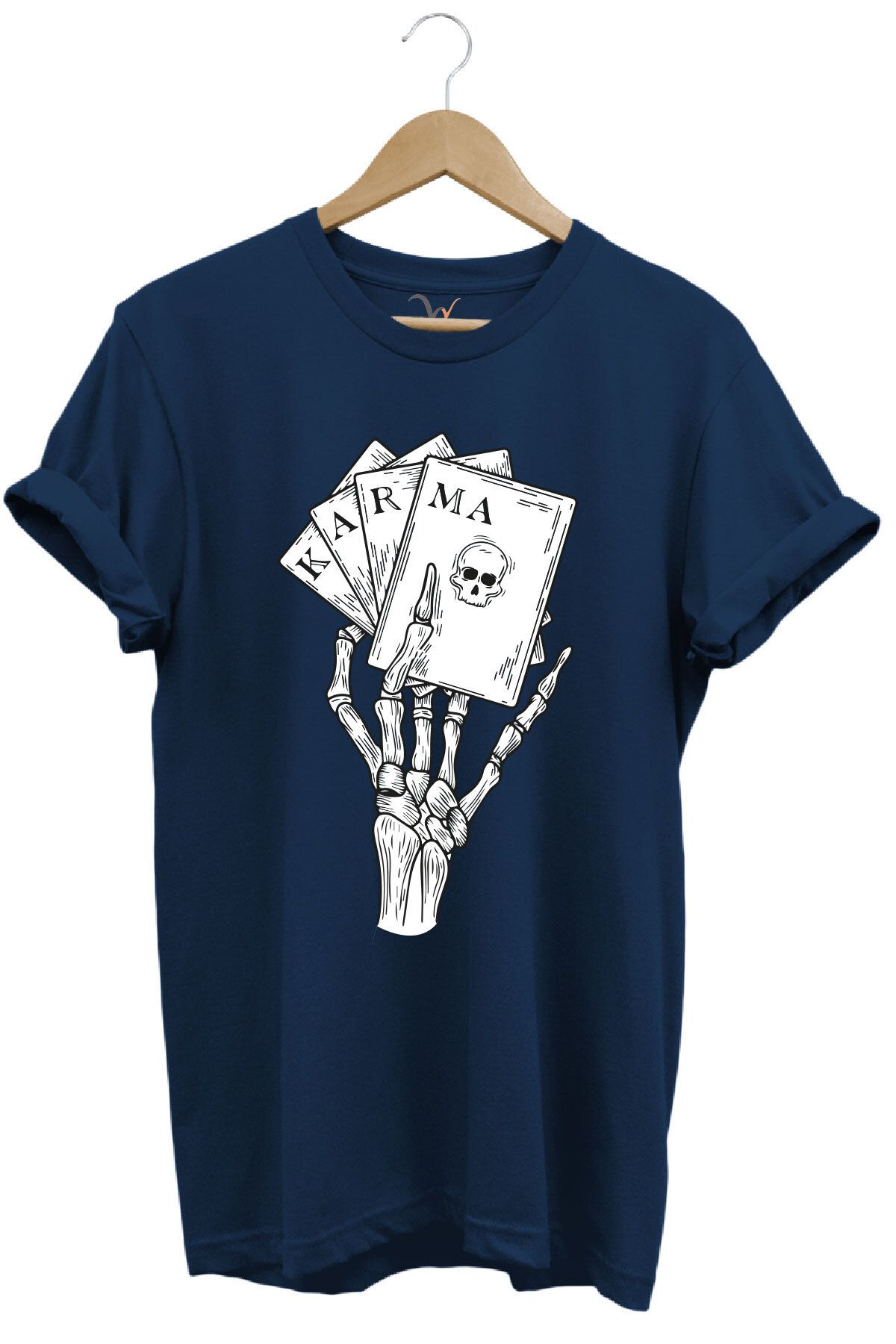 onsrawear Gotik Karma İskelet El Poker Kartları Baskılı Unisex %100 Pamuk Basic Bisiklet Yaka T-shirt