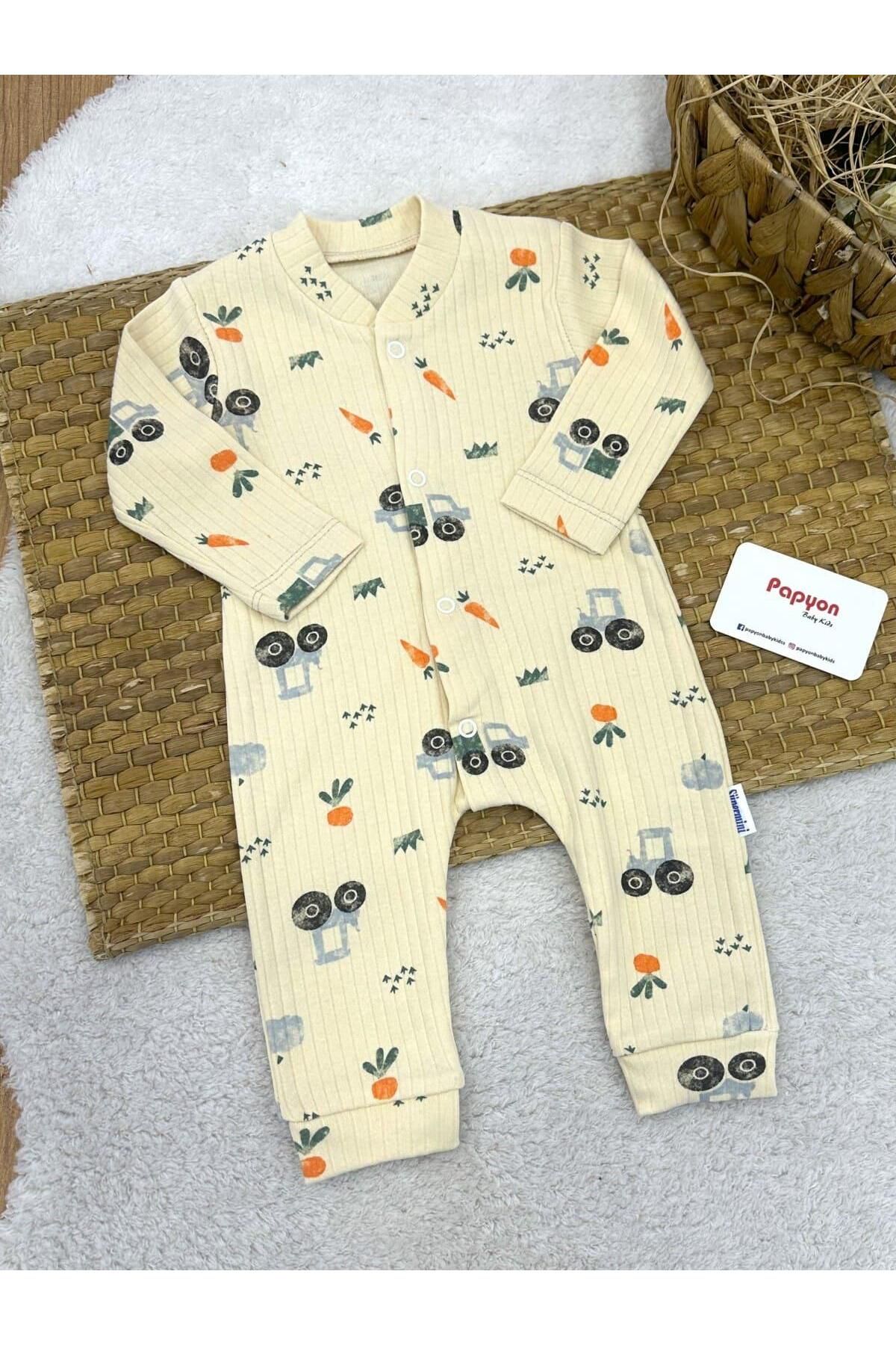 Papyon Baby Kids Havuç Traktör Baskılı Fitilli Erkek Bebek Tulum (0-3/3-6/6-9 Ay)