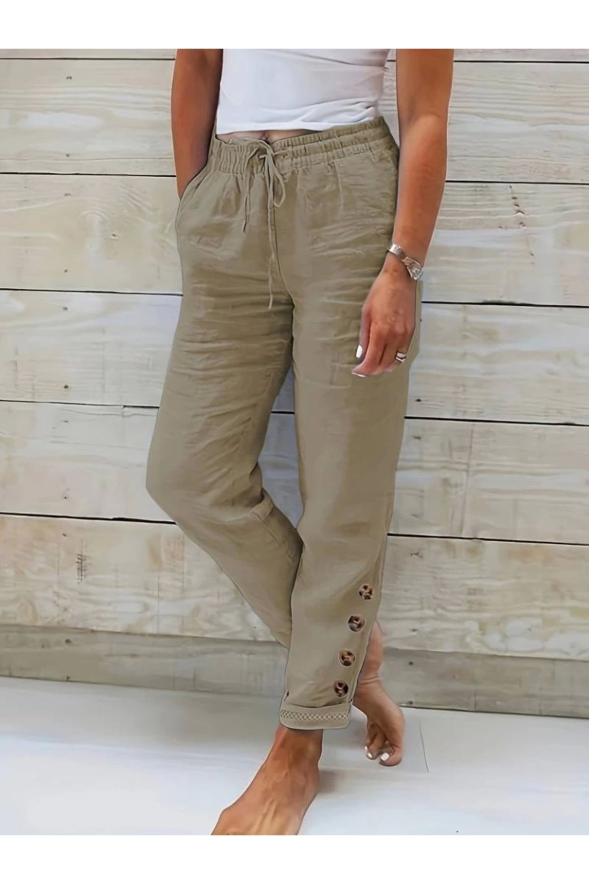 Butik Kadın Yüksek Bel Lastikli Yandan Düğmeli Ithal Keten Pantolon