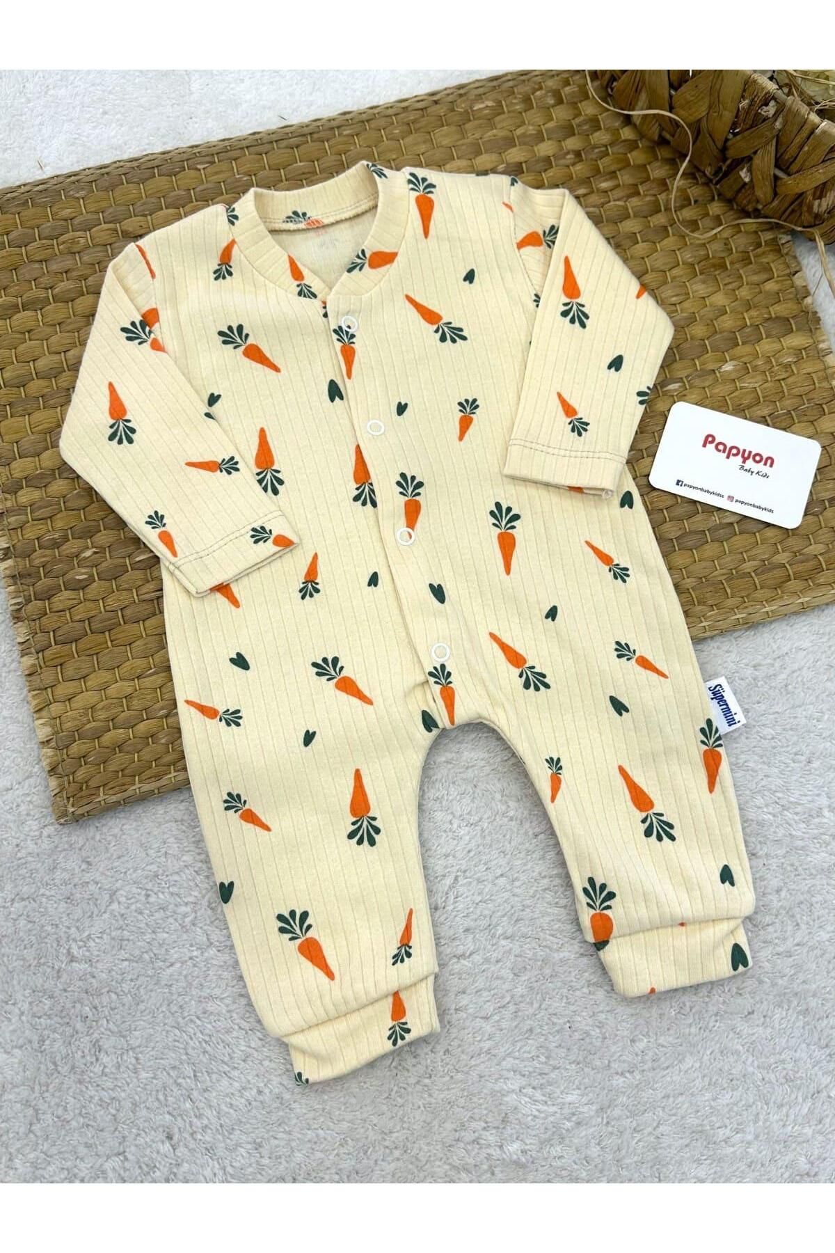 Papyon Baby Kids Havuç Baskılı Fitilli Uniseks Bebek Tulum (0-3/3-6/6-9 Ay)