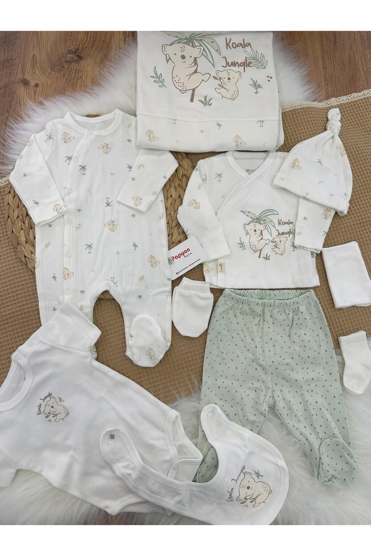 Papyon Baby Kids (Organik Ürün) Koala Jungle Yenidoğan Uniseks Bebek 10lu Zıbın Set Hastane Çıkışı