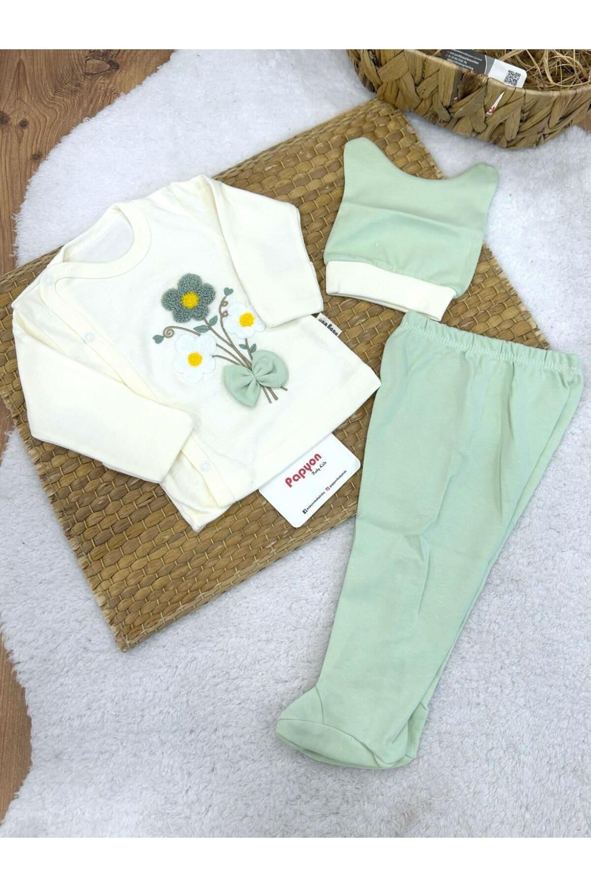 Papyon Baby Kids Süzene Çiçek Nakışlı Kendinden Eldivenli Yenidoğan Kız Bebek 3lü Zıbın Set 0-3 Ay