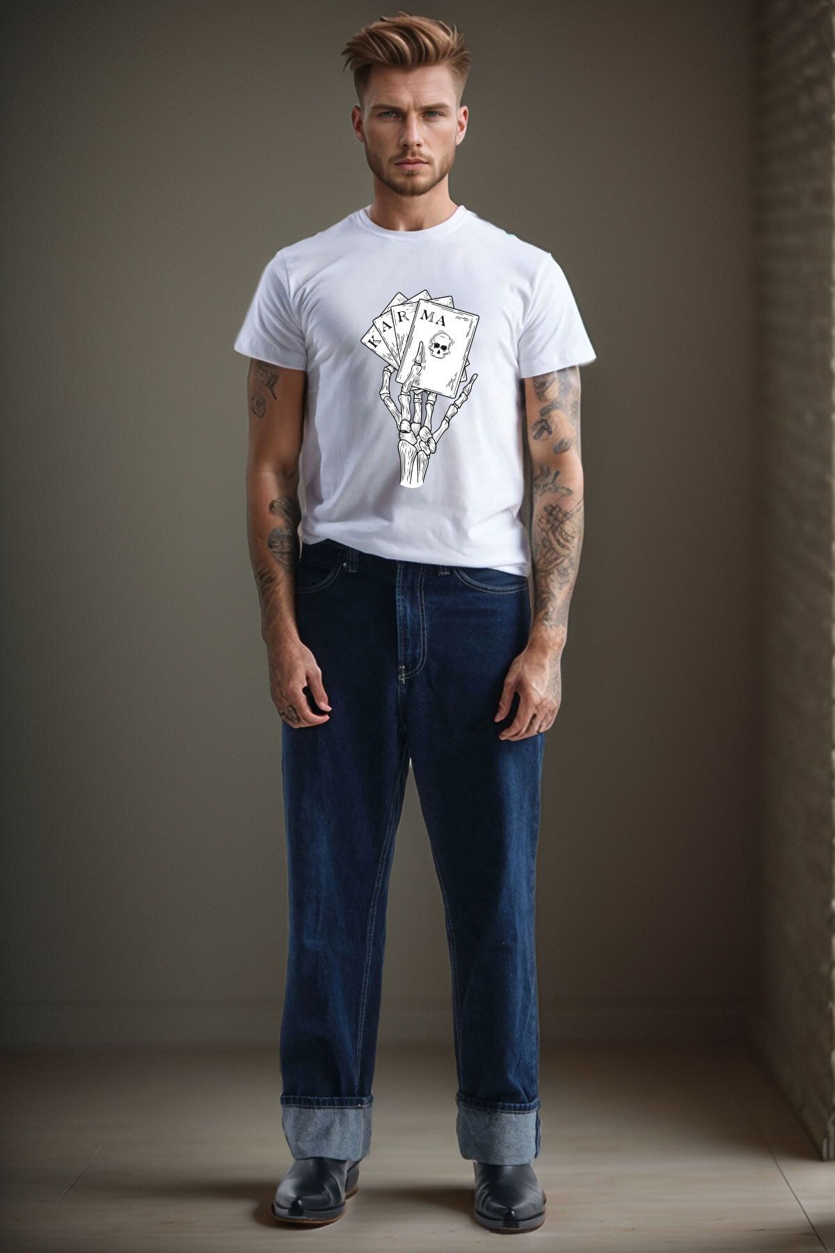 onsrawear Gotik Karma İskelet El Poker Kartları Baskılı Unisex %100 Pamuk Basic Bisiklet Yaka T-shirt