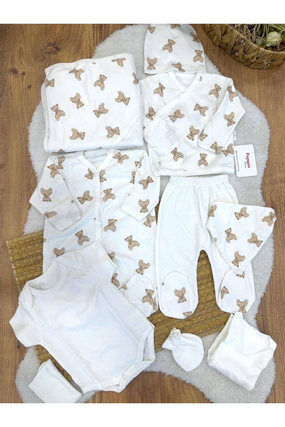 Papyon Baby Kids Ayıcık Desenli Tulumlu Natural Yenidoğan Uniseks Bebek 10lu Zıbın Set Hastane Çıkışı