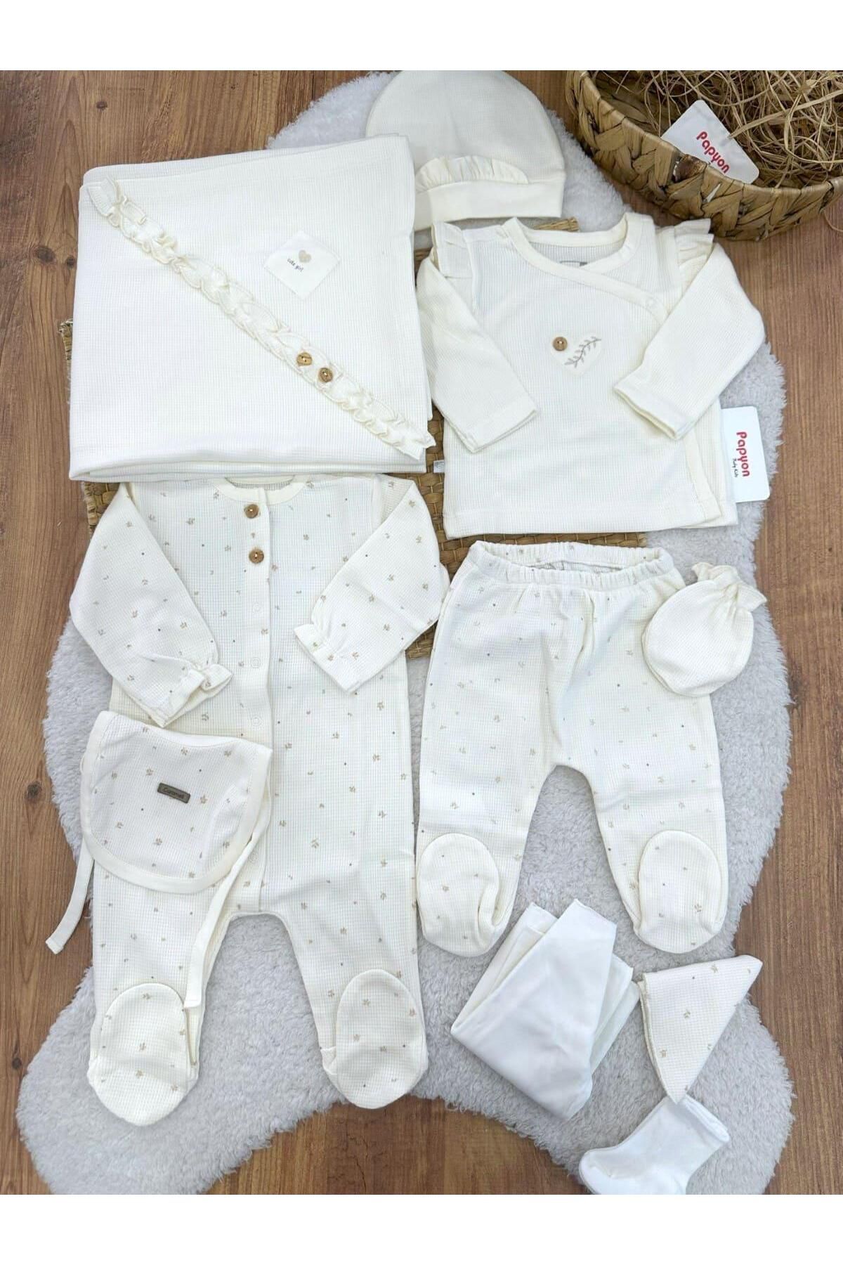 Papyon Baby Kids Kalp Nakışlı Çiçek Desenli Tulumlu Yenidoğan Kız Bebek Natural 10lu Zıbın Set Hastane Çıkışı