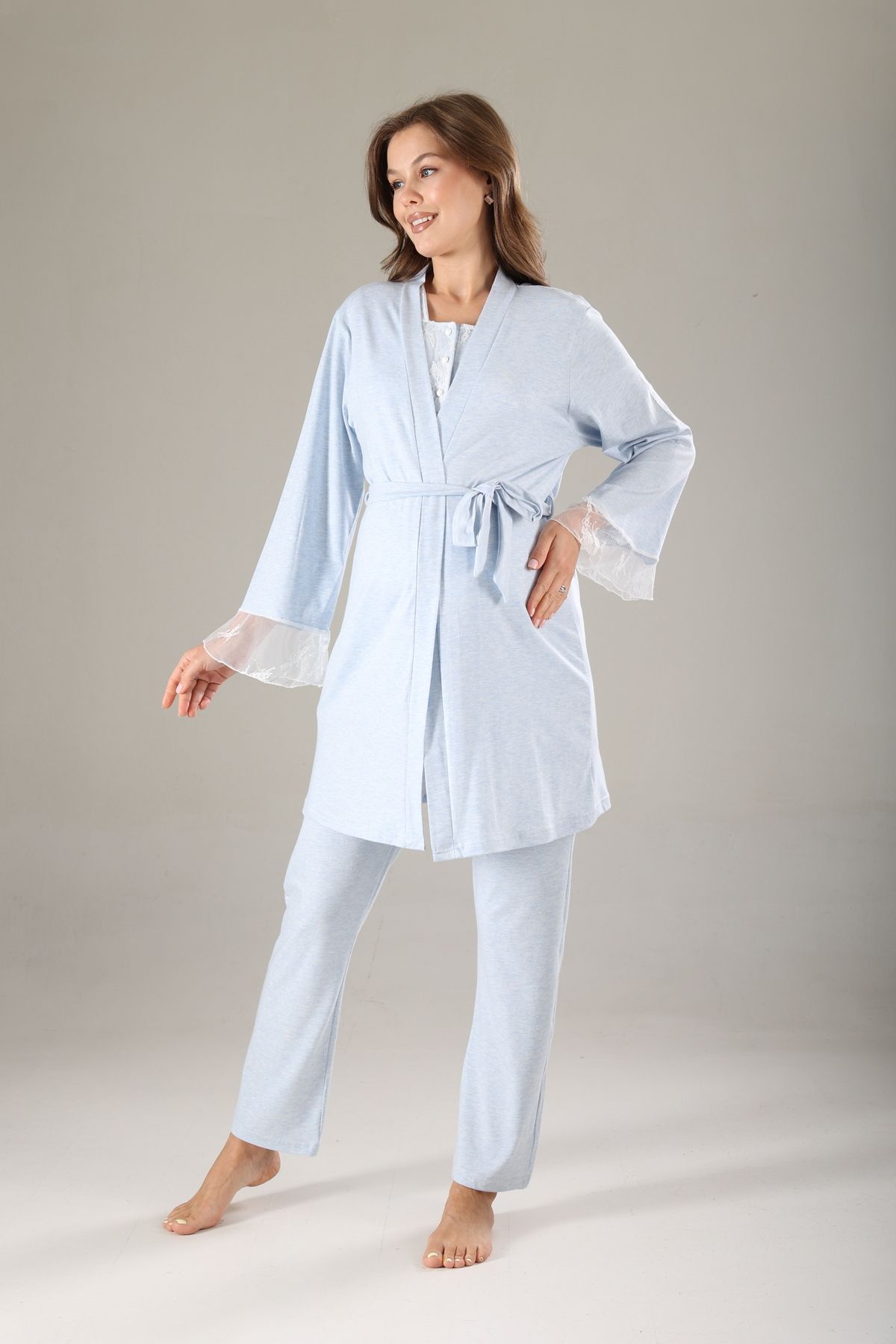 Lohusa Homewear Mavi Melanj Özel Tasarım Dantelli Pamuklu Sabahlıklı Hamile Lohusa Pijama Takımı