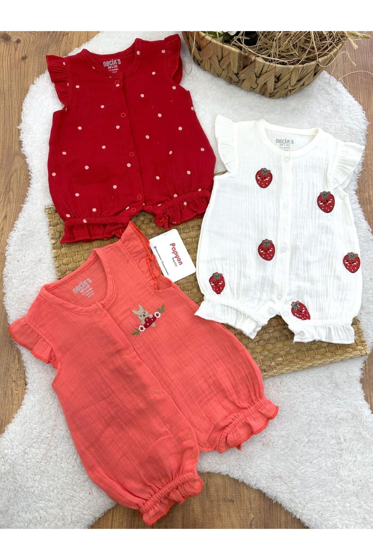 Papyon Baby Kids Red Love Summer Kız Bebek Yazlık 3lü Müslin Tulum (0-3/3-6 Ay)