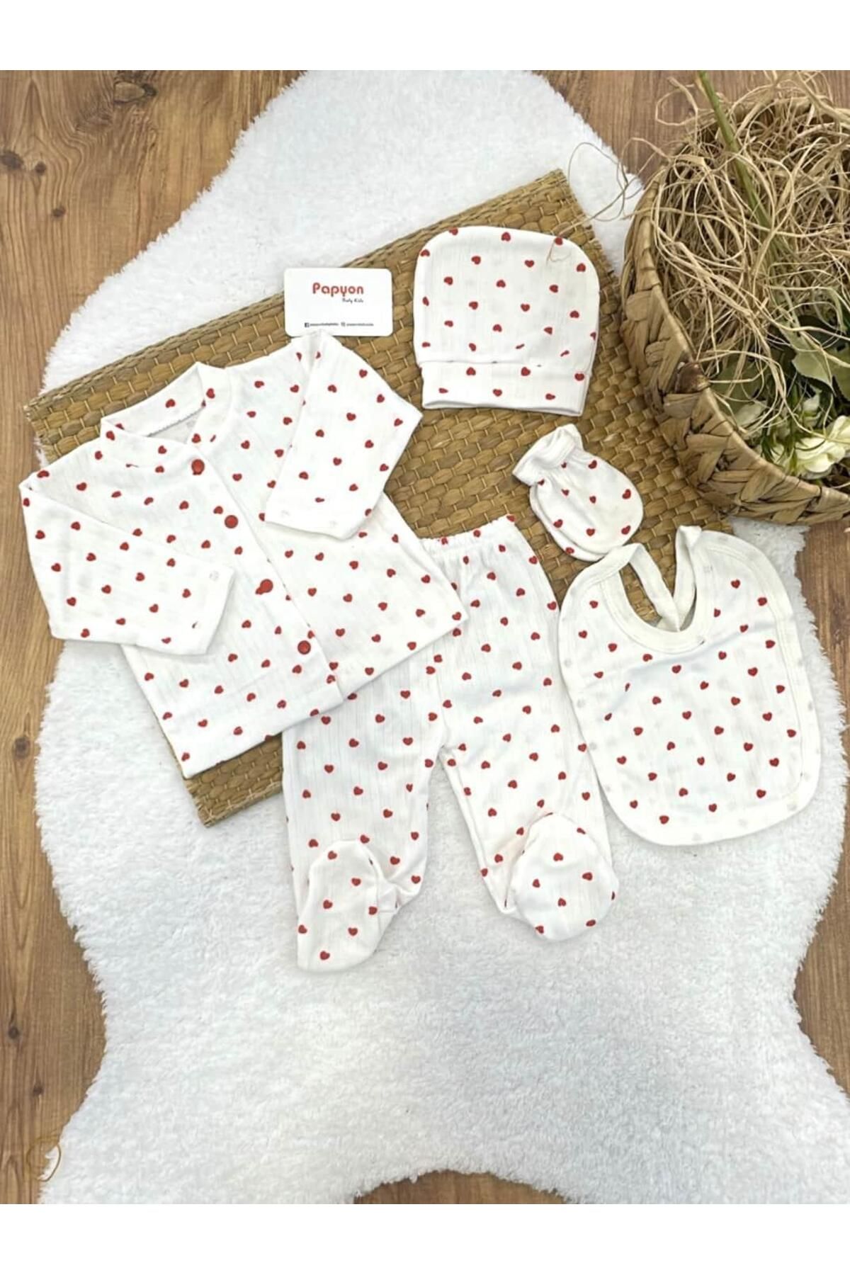 Papyon Baby Kids Kalp Baskılı Raporlu Yenidoğan Bebek 5li Zıbın Set Hastane Çıkışı