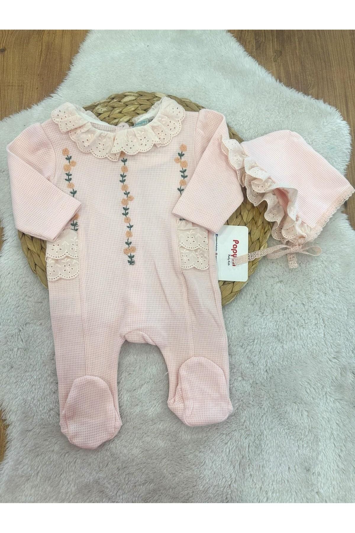 Papyon Baby Kids Çiçek Nakışlı Fistolu Kız Bebek Şapkalı Tulum 0-3/3-6/6-9/9-12 Ay