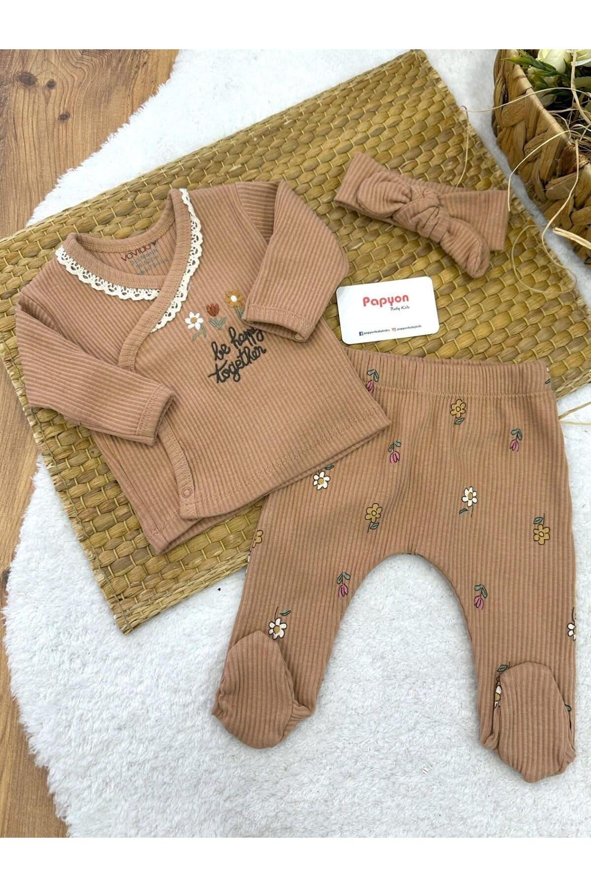 Papyon Baby Kids Be Happy Nakışlı Yaka Dantelli Yenidoğan Kız Bebek Natural 3lü Zıbın Set