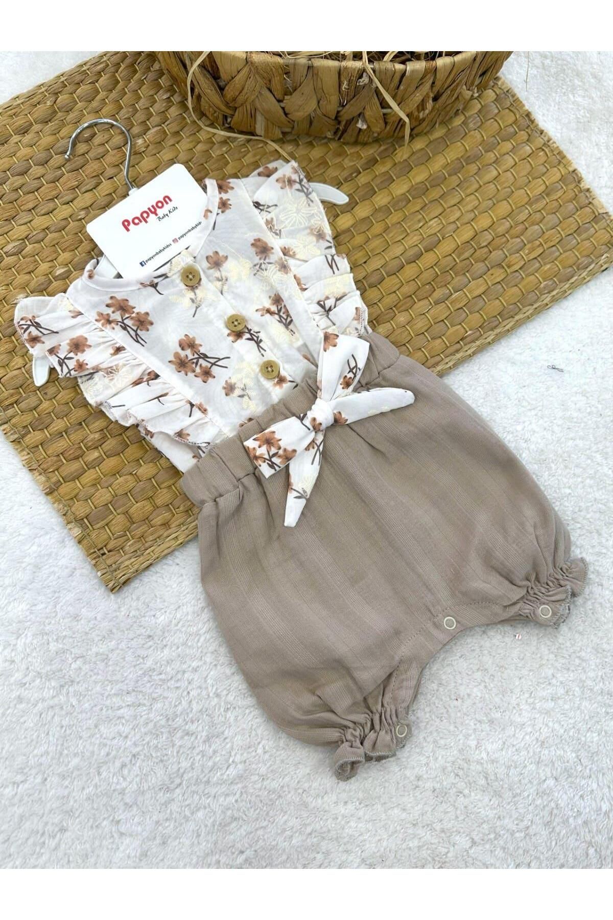 Papyon Baby Kids Çiçek Desenli Fiyonklu Kız Bebek Şort Tulum (3-6/6-9/9-12/12-18 Ay)