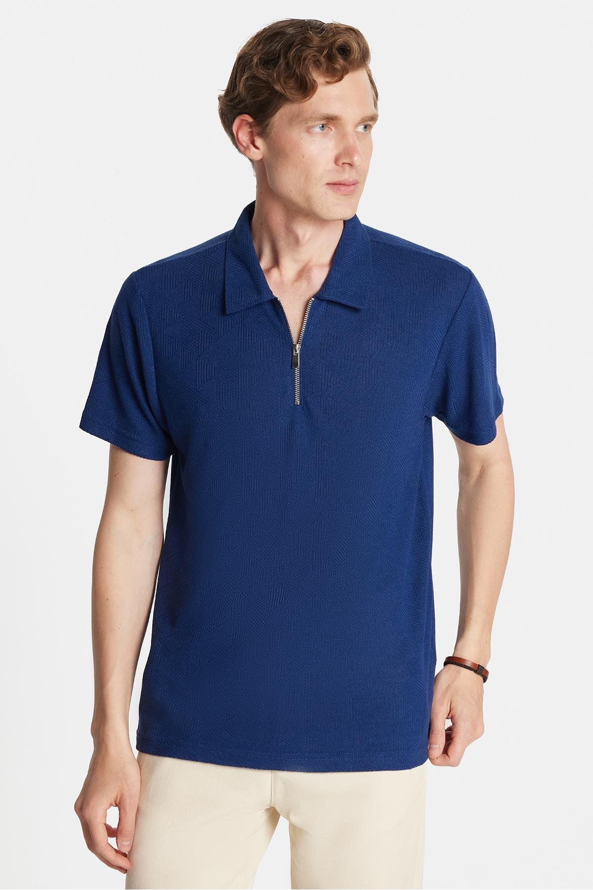 Tudors Erkek Slim Fit Dar Kesim Viskon Fermuarlı Polo Yaka Lacivert Tişört