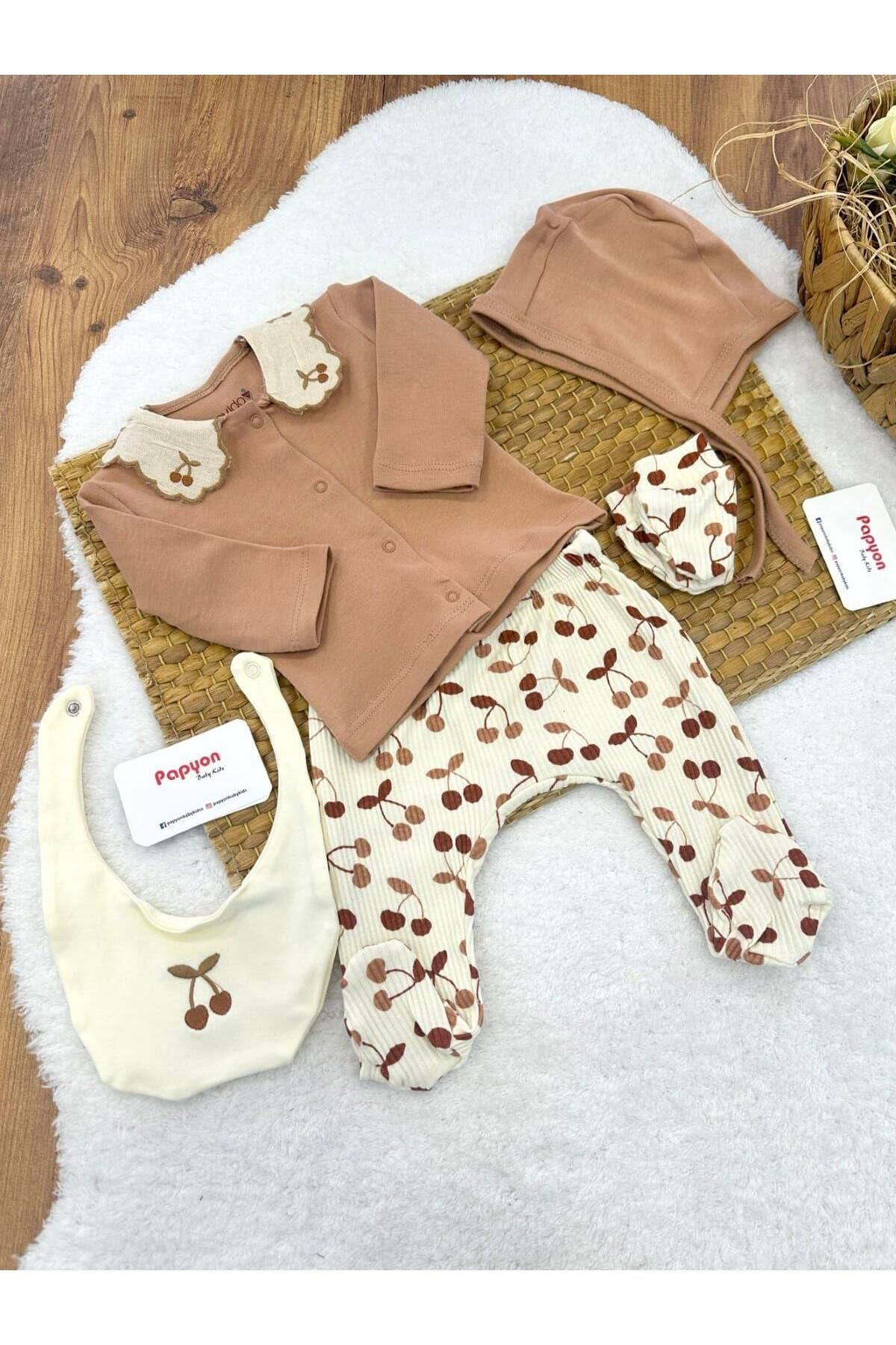Papyon Baby Kids Kirazlı Yenidoğan Kız Bebek 5li Zıbın Set
