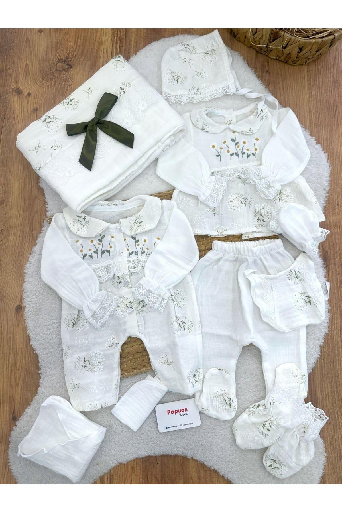 Papyon Baby Kids Çiçek Nakışlı Dantelli Tulumlu Yenidoğan Kız Bebek Müslin 10lu Zıbın Set Hastane Çıkışı