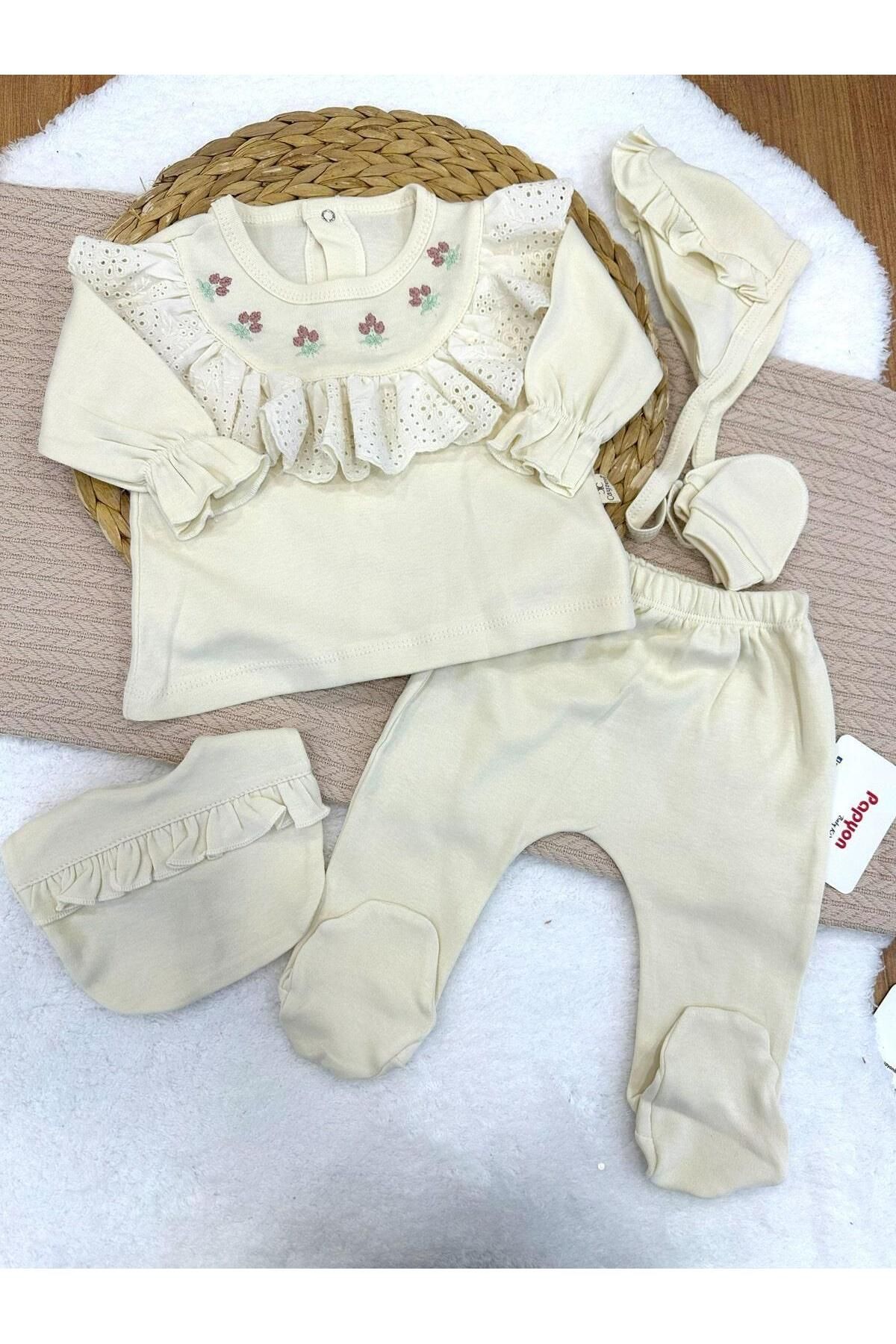 Papyon Baby Kids Lale Nakışlı Güpürlü Yenidoğan Kız Bebek 5li Zıbın Set Hastane Çıkışı