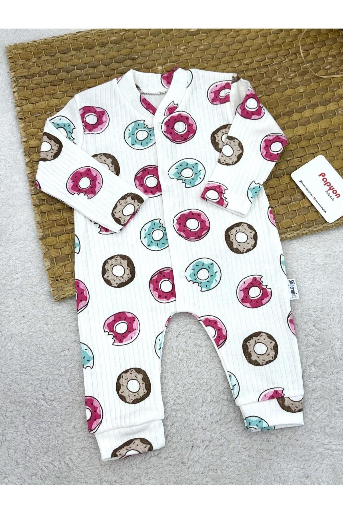 Papyon Baby Kids Donut Baskılı Fitilli Uniseks Bebek Tulum (0-3/3-6/6-9 Ay)