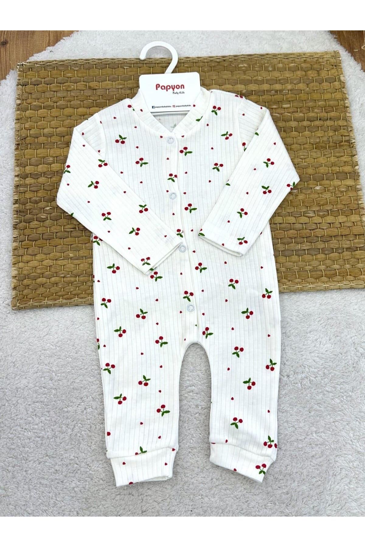 Papyon Baby Kids Beyaz Minik Kiraz Desenli Fitilli Kız Bebek Patikli Tulum (0-3/3-6/6-9 Ay)